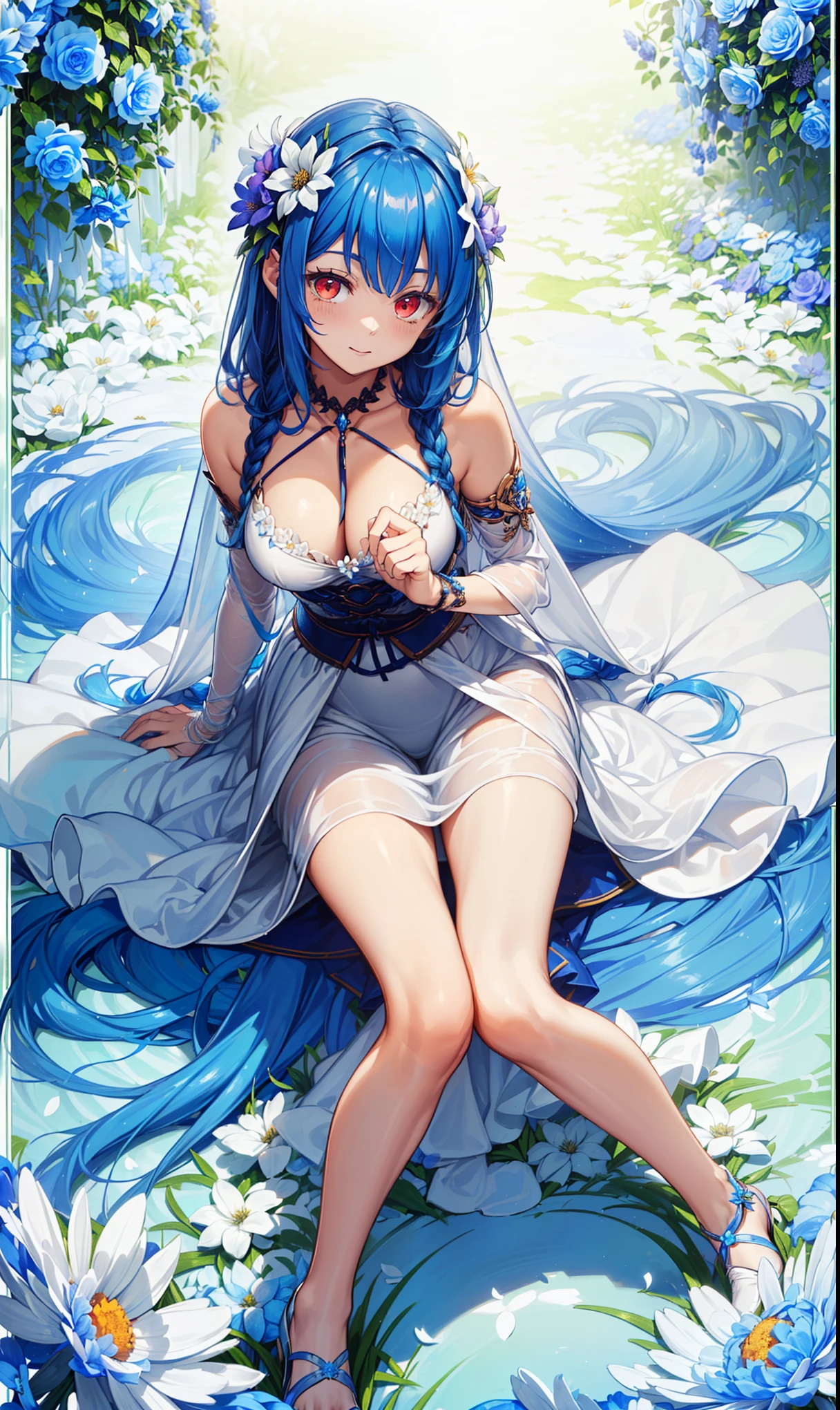 ((best quality)), ((masterpiece)), ((Very detailed)), (illustration), (Detailed lighting), (an extremely delicate and Fair), ((prune)), excellent_absurd, (Ray Tracing), (reflected light) rest (8K:1.3), 1 girl, (Girl in the flowers:1.4), (Pure sky blue hair, Red Eyes:1.5), Clear skies, External, Very detailed, best quality, Ultimate quality, masterpiece, Fair, beautiful, sit on the floor, (Absurdly long hair, Clear fabric borders:1.4), (Pure white dress, Pure white silk cloth:1.5), (Flower land, A thousand flowers, Colorful flowers, Flowers around her, Various flowers:1.51), young, Mild maturity，Curved，Astonishing, attractive, Sundress,Charm , Pure white shoes