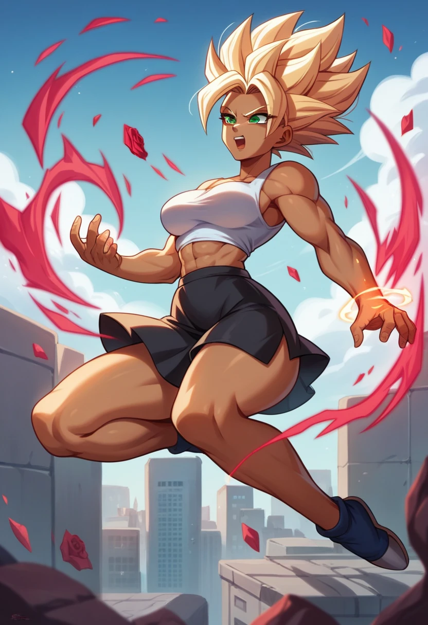 1 girl ,Saiyan, strong rose hair combed back, green eyes,slim, thin waist, wide hips, brown skin color, medium breasts, white top, short black skirt, super  saiyan , fly in the city, stay in city, flying, hot aura, strong aura, strong energy, red energy