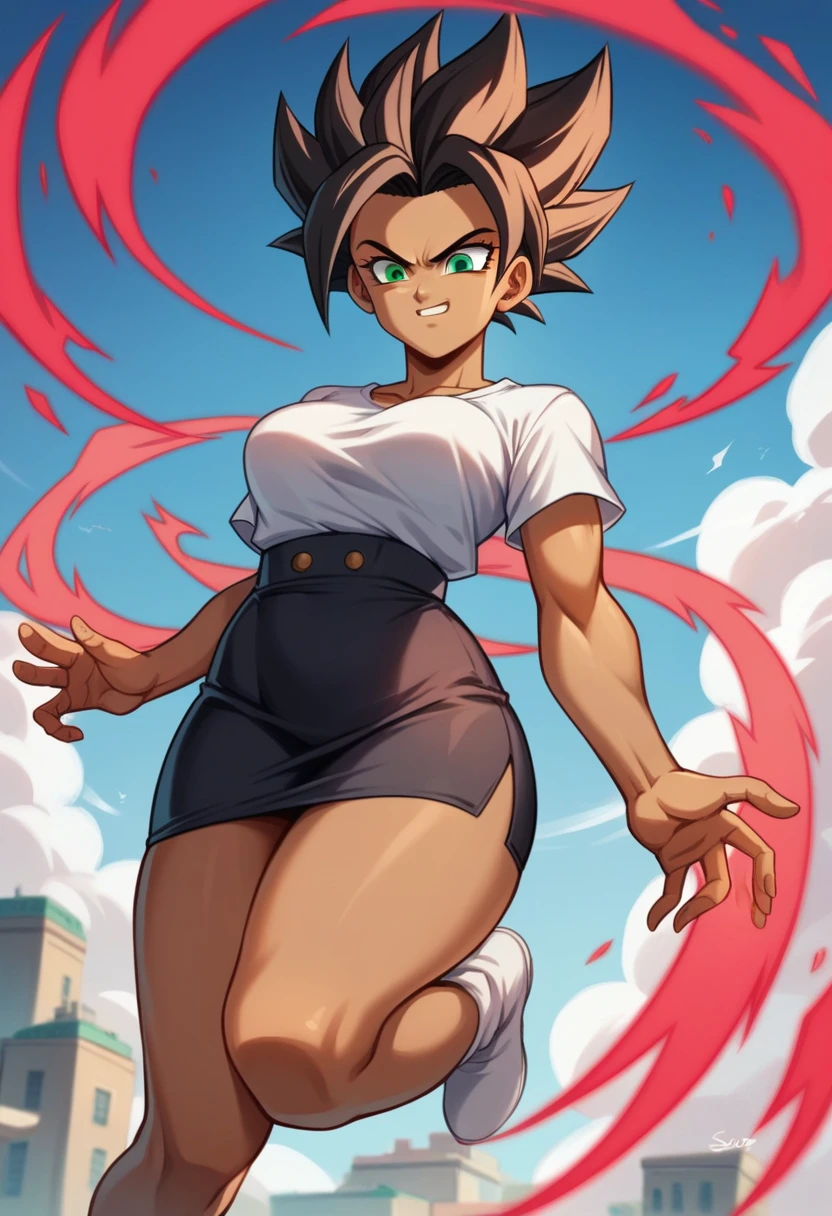 1 girl ,Saiyan, strong rose hair combed back, green eyes,slim, thin waist, wide hips, brown skin color, medium breasts, white top, short black skirt, super  saiyan , fly in the city, stay in city, flying, hot aura, strong aura, strong energy, red energy