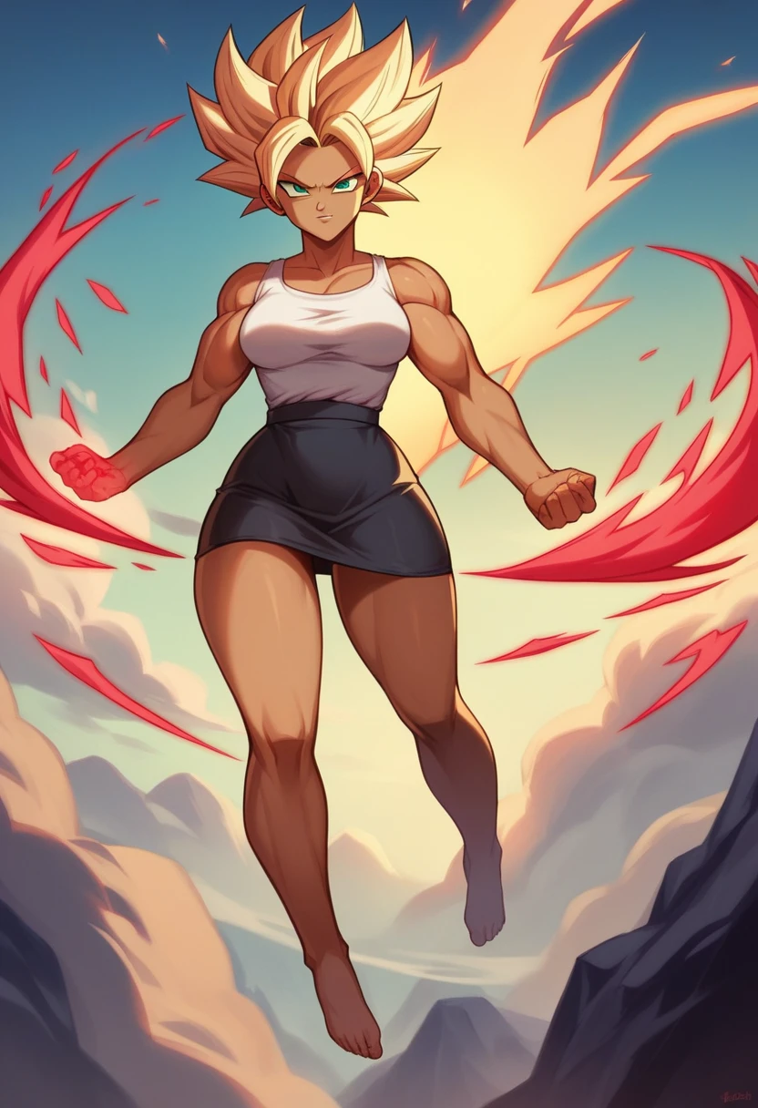 1 girl ,Saiyan, strong rose hair combed back, green eyes,slim, thin waist, wide hips, brown skin color, medium breasts, white top, short black skirt, super saiyan , fly in the city, stay in city, flying, hot aura, strong aura, strong energy, red energy