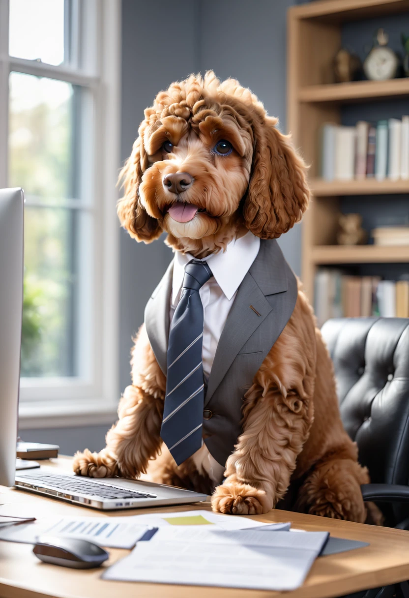 A brown Cavapoodle dressed in a business suit and tie, sitting at a desk with a laptop, looking focused on the screen. The background is a stylish home office with shelves of books and a large window letting in natural light