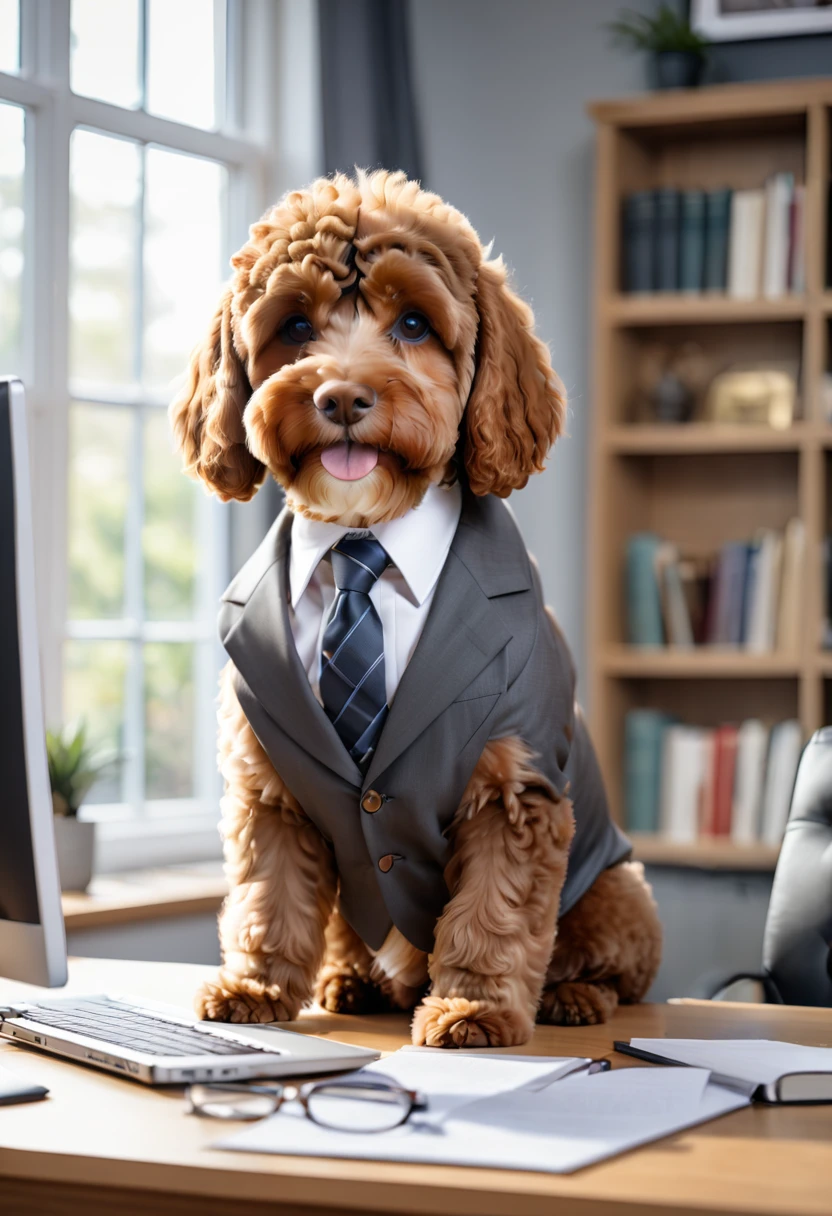 A brown Cavapoodle dressed in a business suit and tie, sitting at a desk with a laptop, looking focused on the screen. The background is a stylish home office with shelves of books and a large window letting in natural light