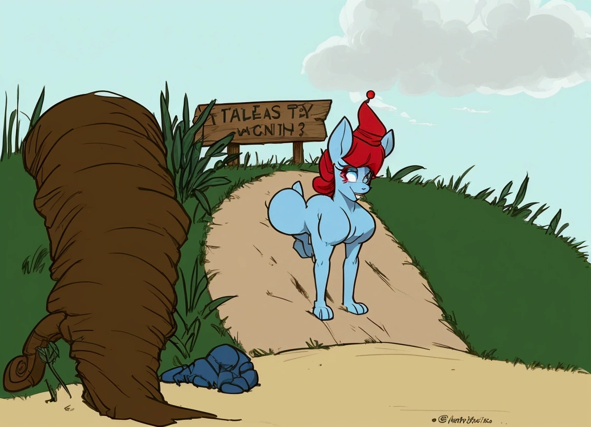 cartoon of a blue man with a red hat and a sign, inspired by Don Bluth, on top of a hill, fun pose, 🐎🍑, 2d art, 2 d art, don bluth!!!, slightly sunny weather, cel-shaded:17, mlp fanart, bending over, don bluth!!, sylveon, commission for high res