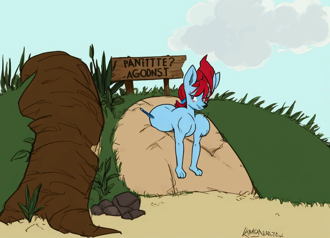 cartoon of a blue man with a red hat and a sign, inspired by Don Bluth, on top of a hill, fun pose, 🐎🍑, 2d art, 2 d art, don bluth!!!, slightly sunny weather, cel-shaded:17, mlp fanart, bending over, don bluth!!, sylveon, commission for high res