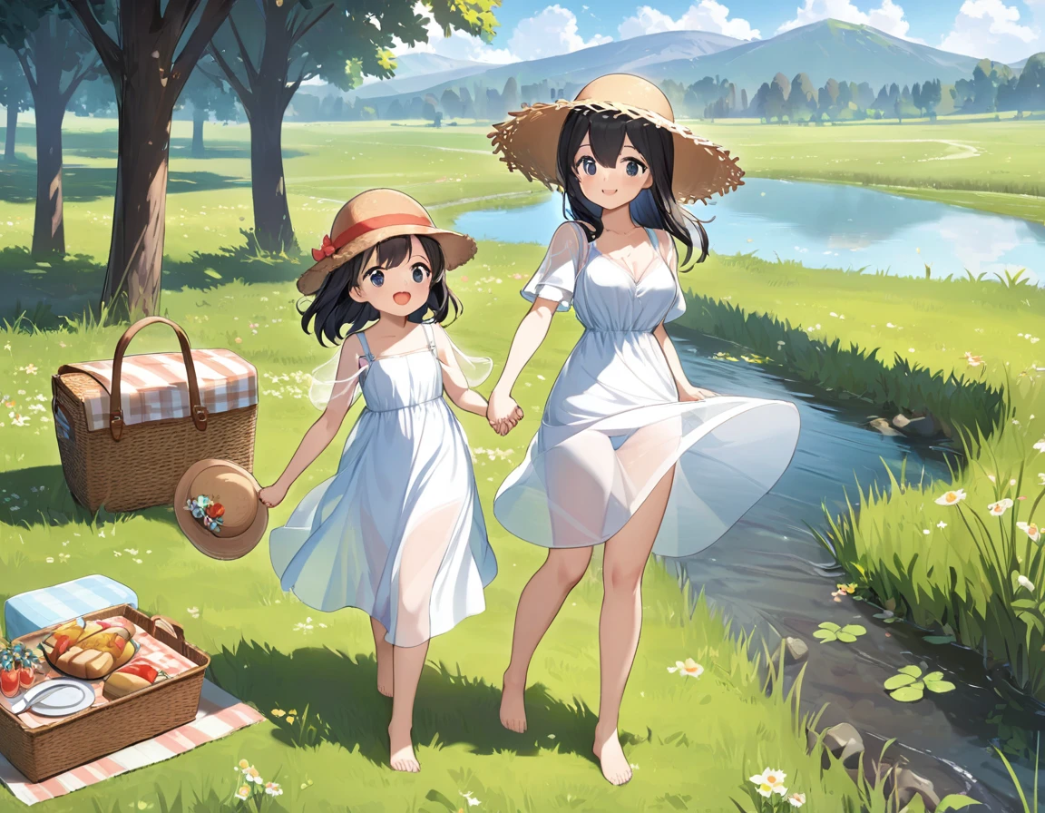 Straw hat、Girl with long black hair、(White dress、See-through bra)、(Underwear peeking out from under the dress、Showing off cute blue underwear)、(barefoot、cute leather shoeoderately large、Standing posture、Sisters holding hands、A meadow with a small stream running through it、picnic