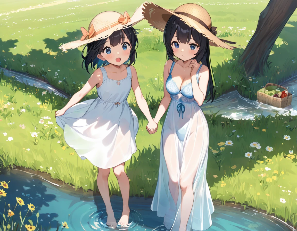 Straw hat、Girl with long black hair、(White dress、See-through bra)、(Underwear peeking out from under the dress、Showing off cute blue underwear)、(barefoot、cute leather shoeoderately large、Standing posture、Sisters holding hands、A meadow with a small stream running through it、picnic