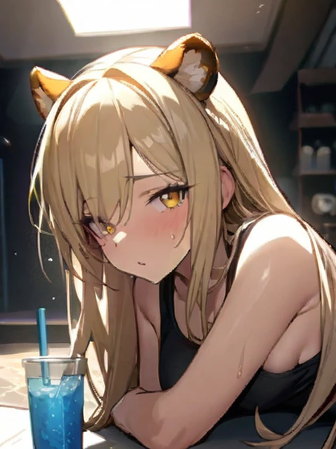 1girl、(((best quality)), ((masterpiece)), (details), masterpiece, best quality, high quality, ulutra detailed, perfect face, ((1girl, blond eyes, tiger ears: 1.3 blond long hair: 2.5,Mole under left eye：2.0))、Shiny Hair、Glowing Skin、Lustful look、Sideboob、Tank top、Swimsuit shorts、Waking up、living、Stay hydrated、Drink water、sunny、sun、Sweat