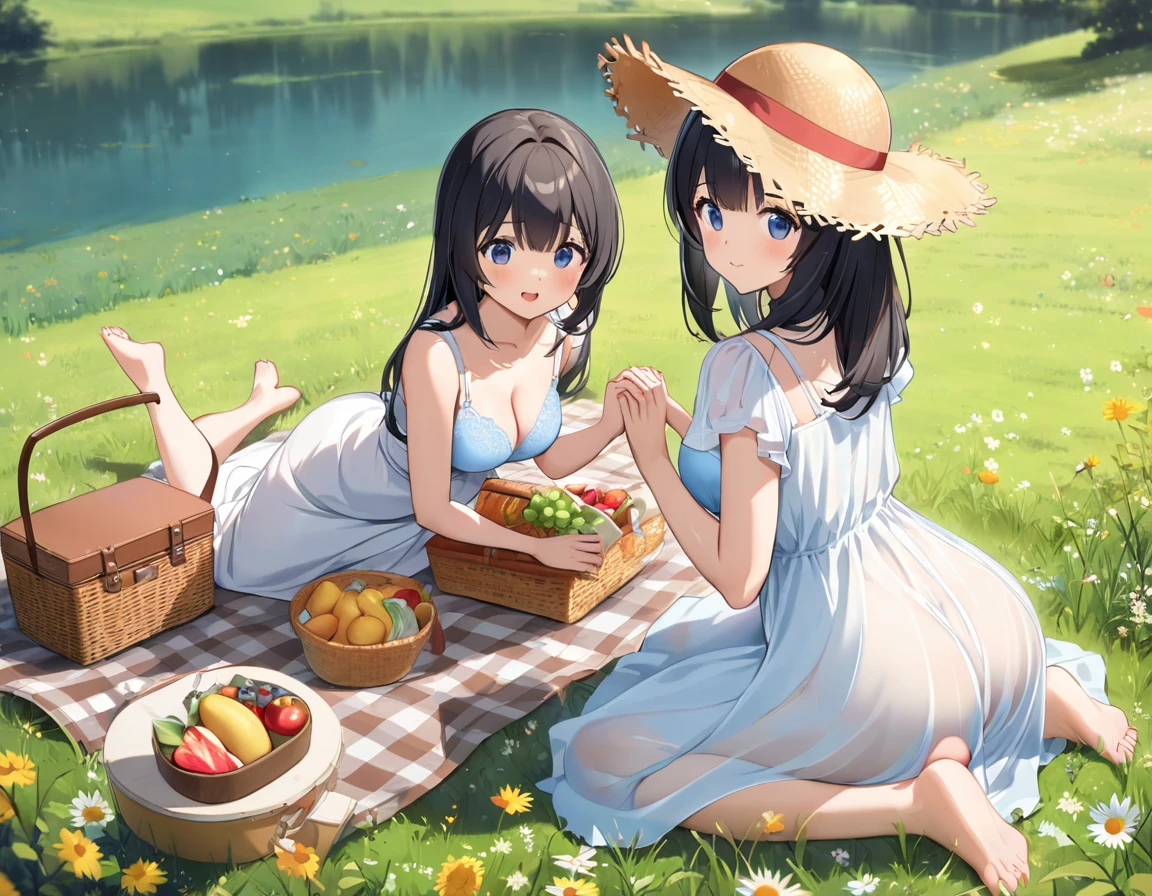 Straw hat、Girl with long black hair、(White dress、See-through bra)、(Underwear peeking out from under the dress、Showing off cute blue underwear)、(barefoot、cute leather shoeoderately large、Standing posture、Sisters holding hands、A meadow with a small stream running through it、picnic