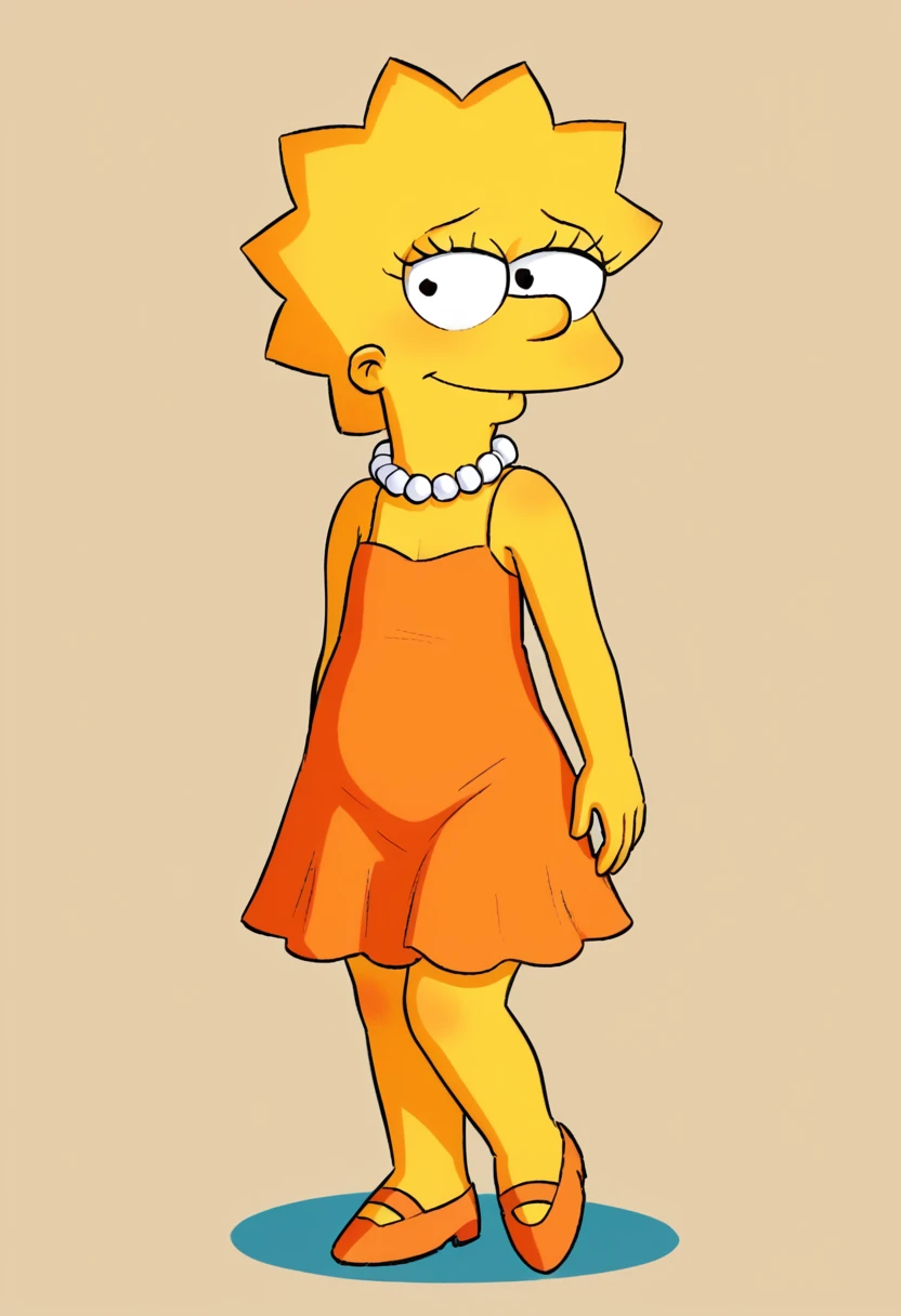 Lisa Simpson, 1 girl, standing alone, pearl necklace, ssmile, looking ahead at viewer, yellow skin, eyes black, orange dress, age 28, ((whole body)), coxas nuas, curves, nice legs, 正面, pose, best qualityer, no flaws