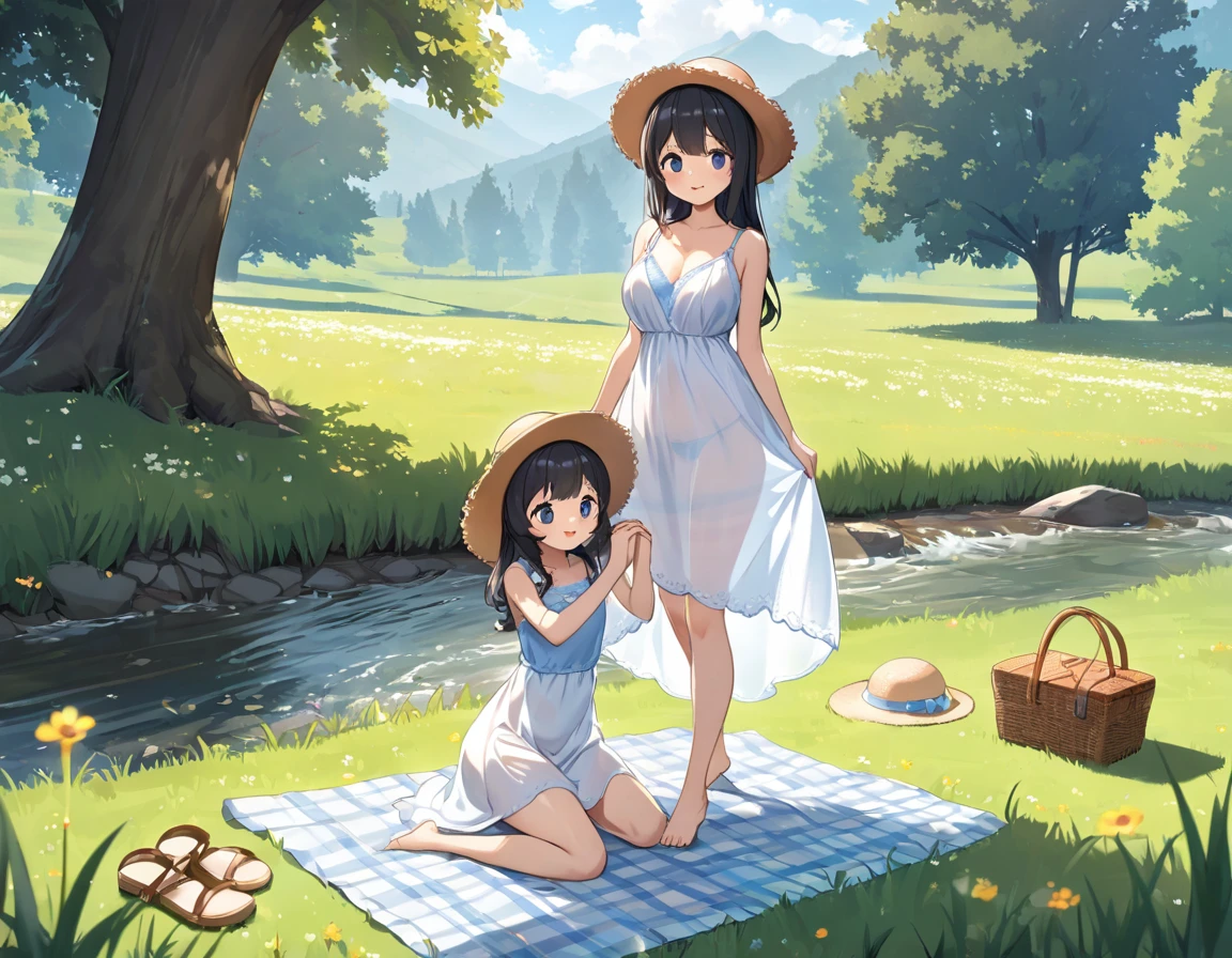 Straw hat、Girl with long black hair、(White dress、See-through bra)、(Underwear peeking out from under the dress、Showing off cute blue underwear)、(barefoot、cute leather shoeoderately large、Standing posture、Sisters holding hands、A meadow with a small stream running through it、picnic