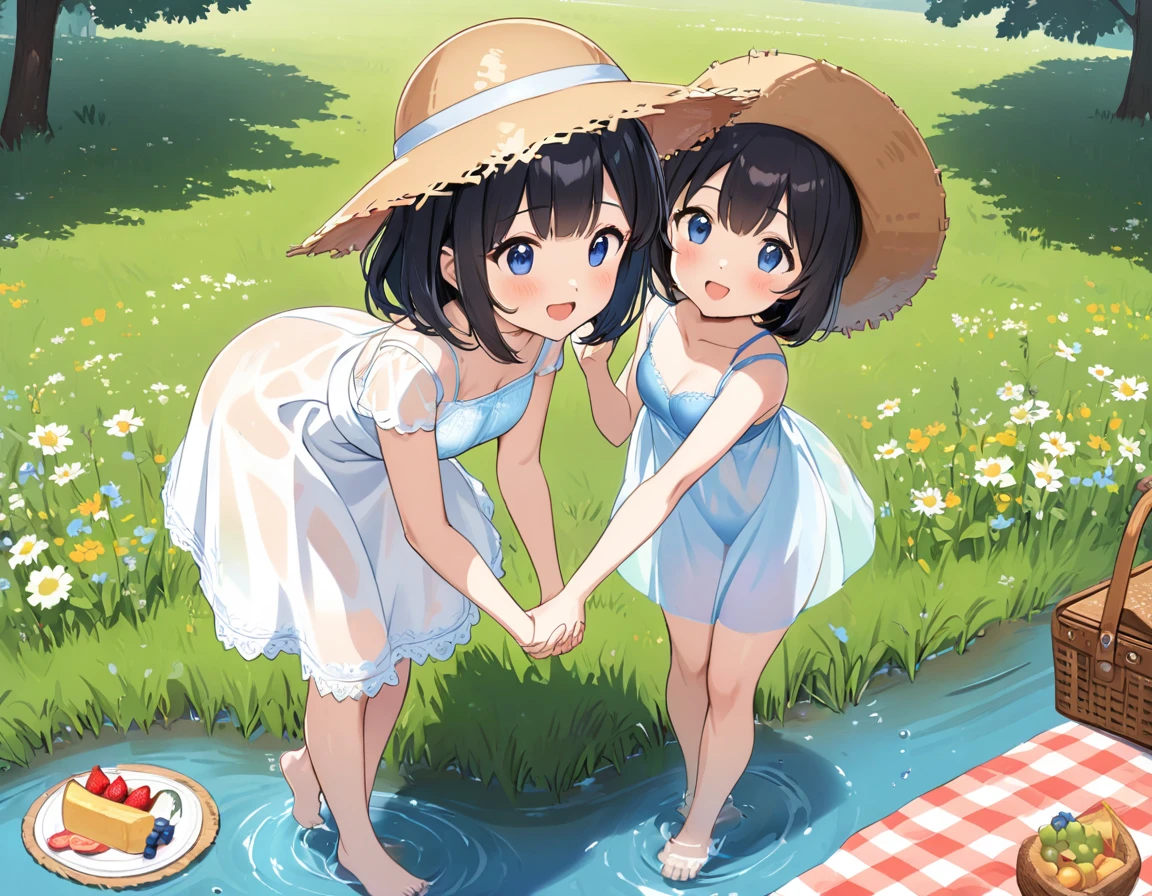 Straw hat、Girl with long black hair、(White dress、See-through bra)、(Underwear peeking out from under the dress、Showing off cute blue underwear)、(barefoot、cute leather shoeoderately large、Standing posture、Sisters holding hands、A meadow with a small stream running through it、picnic