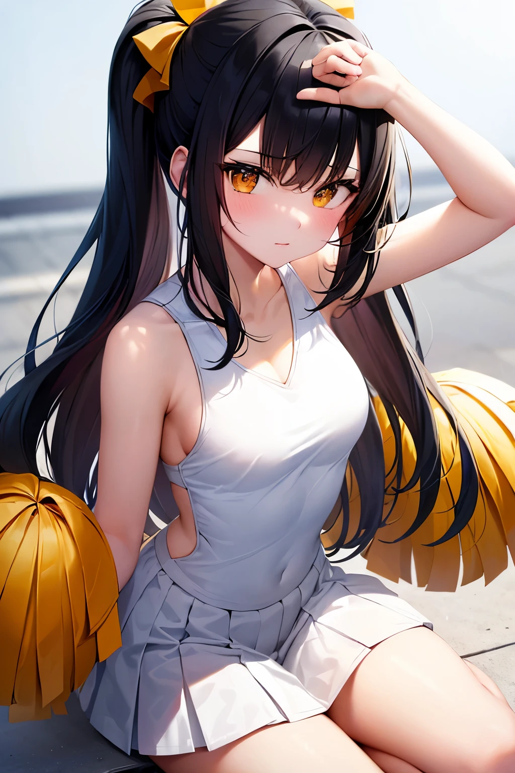 Cheerleader black hair with white suit orange dark green eyes 