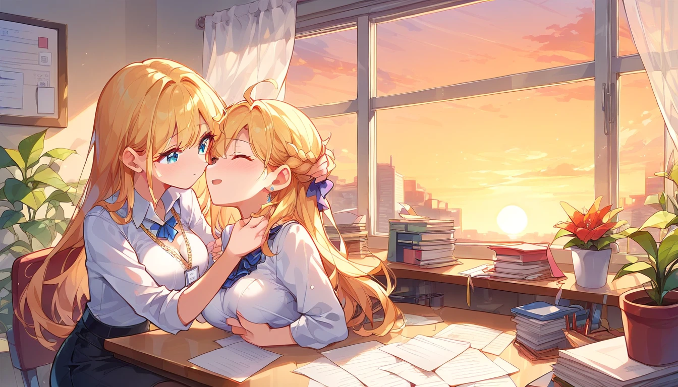 ((2girls:1.3)),((moe style:1.3)), ((kabedon:1.3)), ((yuri:1.3)), ((sunset:1.3)), ((office:1.3)), ((perfect face)), ((extremely cute:1.3)), ((masterpiece:1.3)), ((8k)), ((best quality:1.3)), ((beautiful)), ((extremely detailed:1.3)) , ((absurdres)), ((score_9:1.3)), ((score_8_up:1.3)), ((score_7_up:1.3)),Expressiveh,