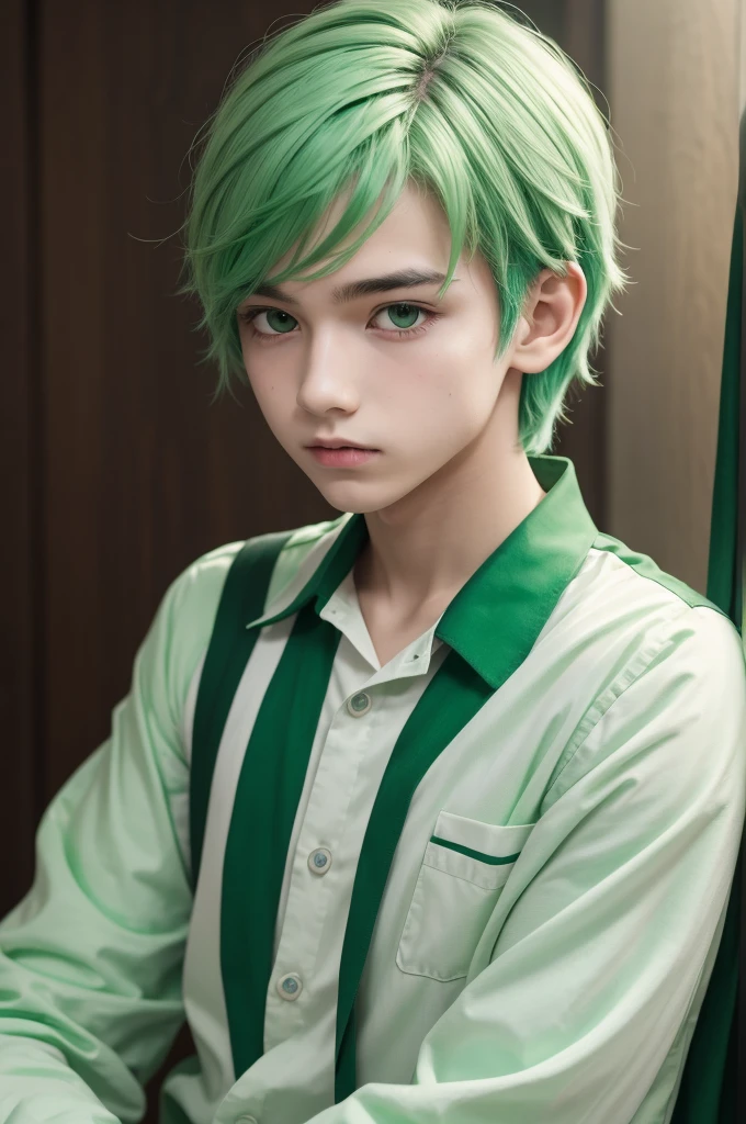 Boy with green hair and green and white shirt