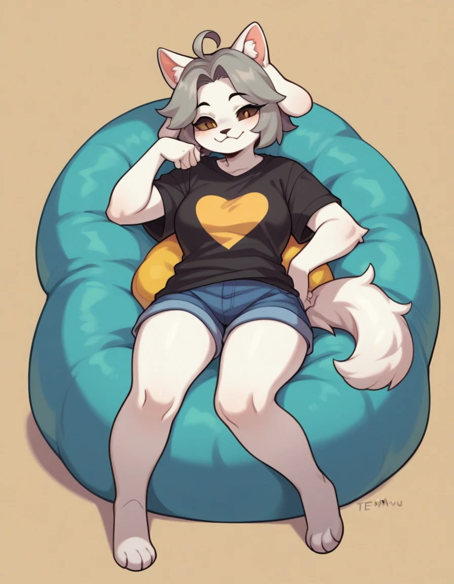 score_9,score_8_up,score_7_up, source_anime, temmie from undertale, Anthro girl, short silver grey hair, brown eyes, white sclera, white furry body, canine feline hybrid girl, four ears, floppy white dog ears, white cat ears, wearing shirt, shorts, barefoot, feet paws four toes, sitting on a beanbag chair, playful pose
