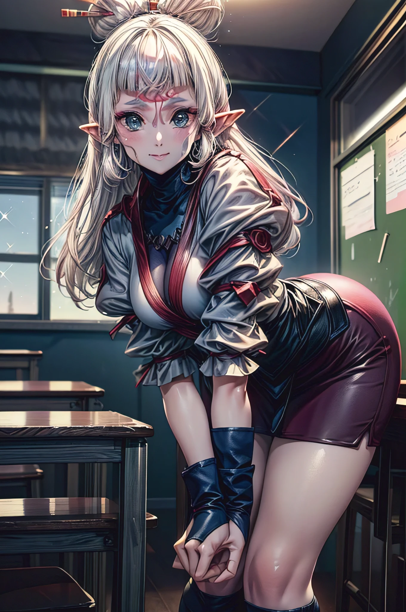 (masterpiece:1.1), (best quality:1.1), 1girl, Real light and shadow, anime face, 4k, 8k, wallpaper,epic, detail texture, Paya, elf ears, pointy ears, White hair, Dark skin, tanned skin, (blue eyes:1.5), ((((white hair:1.35, long hair)))),intricate eyes,beautiful detailed eyes, (symmetrical eyes,big eyes:1.5,(((lustrous skin:1.5,bright skin: 1.5,skin tanned,shiny skin,very shiny skin,shiny body,plastic glitter skin,exaggerated shiny skin,illuminated skin))),(detailed body,(detailed face)), cute, erotic,daring, Desert,((, skirt, thighhighs, zettai ryouiki, , shirt, red shirt, shawl, harogomo, pink skirt, puffy sleeves, juliet sleeves, long sleeves, indoors, classroom, bent over, smile,))),happy,smile,(centered,scale to fit dimensions,Rule of thirds), scenery:1.25, highres,sharp focus,(ultra detailed,extremely detailed),(photorealistic artwork:1.37),(extremely detailed CG unity 8k wallpaper),(((vibrant colors,vibrant theme))),(intricate),(masterpiece),(best quality), ,