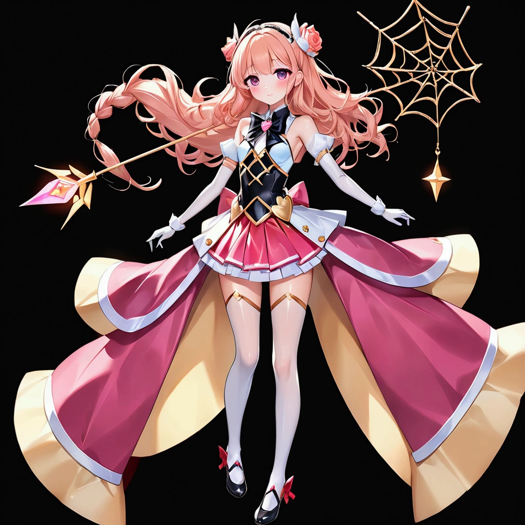Create an anime-style girl with (((deep magenta eyes and long, wavy pink hair))) ((styled in an elegant frenchbraid)). (((She is slender, and  with small breasts))). ((Ensure a full-body shot of her)) wearing a (((pink, gold, and rose gold color magical girl-themed outfit.))) ((The outfit features a spider and spider web theme.)) The overall look is regal and ethereal, with magical glowing effects. cutesexy, purinpuon pixiv, no future, a hyperrealistic , hyperrealistic , realistic , seductive (anime girl), smooth anime cg art, beautiful alluring anime teen, (purinpuon pixiv), ((magical girl)), (masterpiece), best quality, expressive eyes, perfect face ((Highest quality))、((8K))、(((8k wallpaper))) ((Full Body Shot: 1.5))、ultra detailed, masterpiece, best quality, solo ((purinpuon pixiv, no future)) (((purinpuon pixiv, no future)))