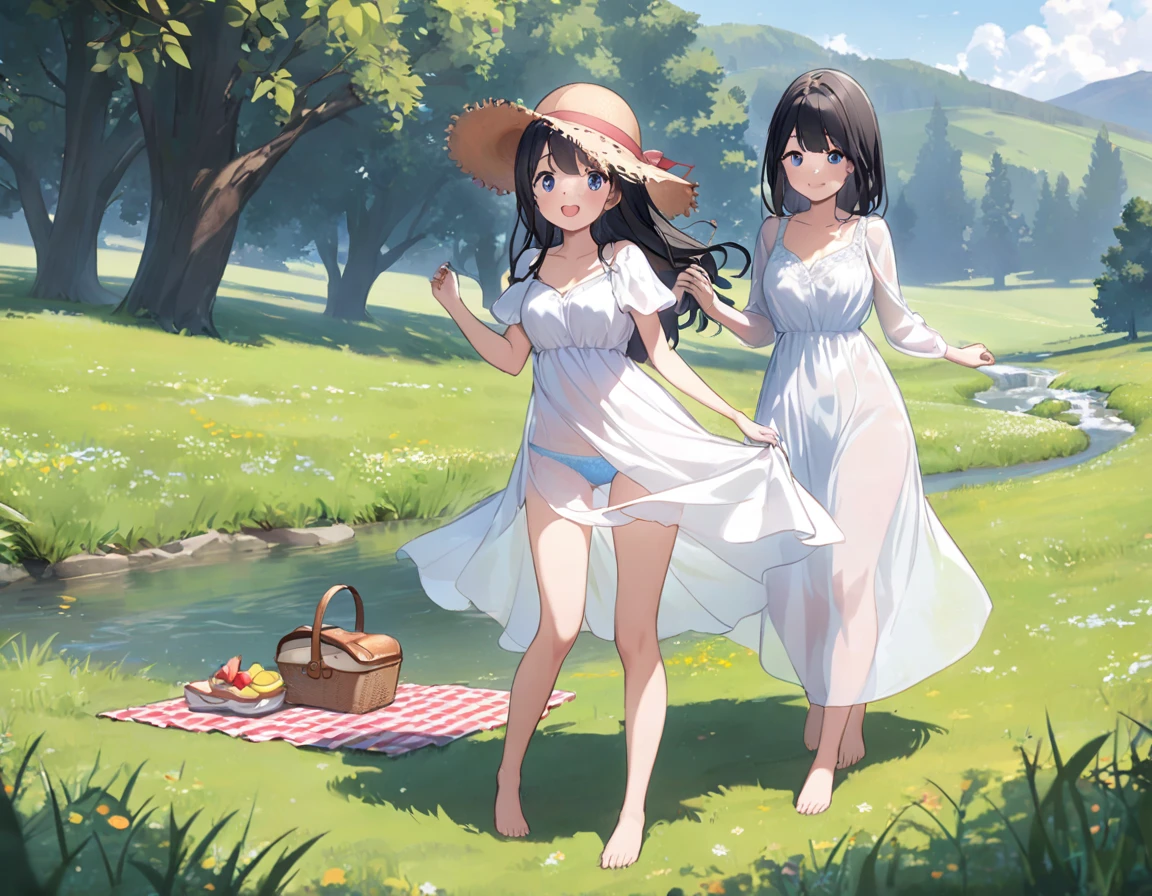 Straw hat、Girl with long black hair、(White dress、See-through bra)、(Underwear peeking out from under the dress、Showing off cute blue underwear)、(barefoot、cute leather shoeoderately large、Standing posture、Sisters holding hands、A meadow with a small stream running through it、picnic