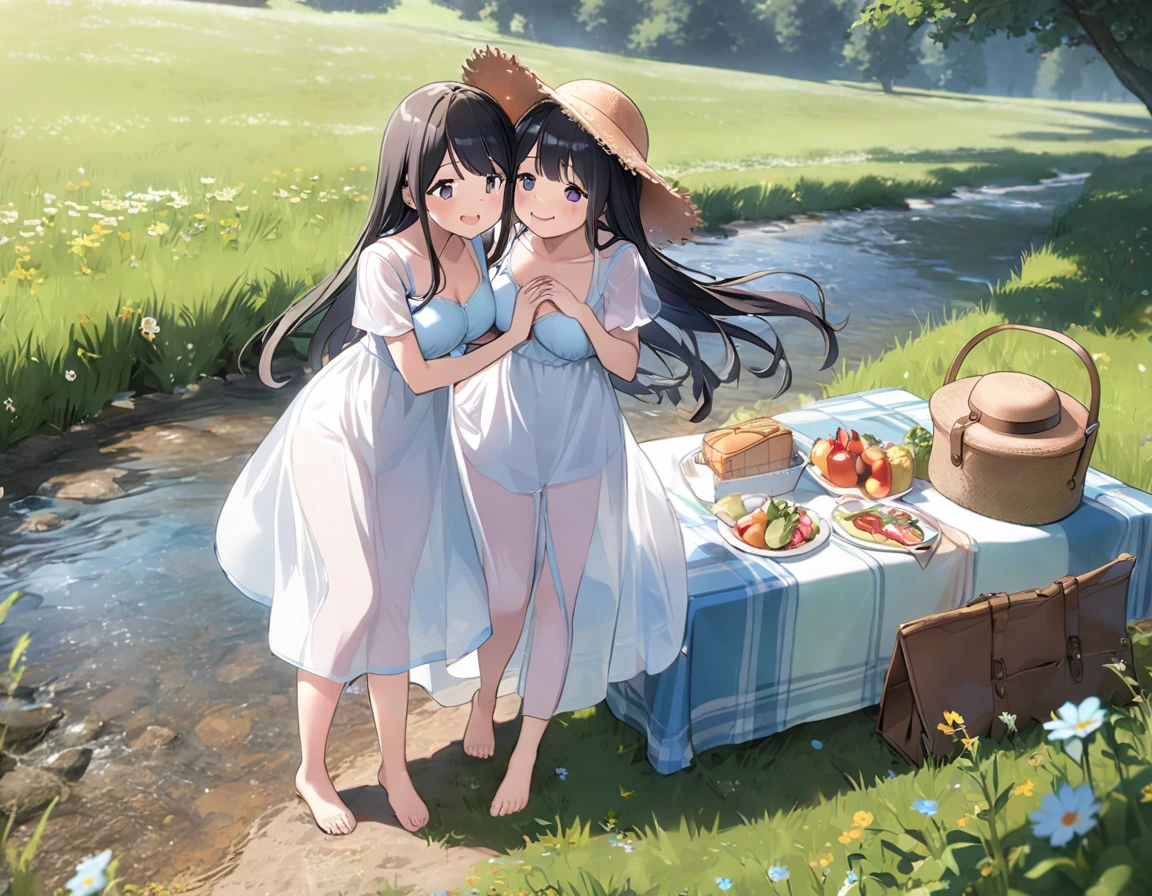 Straw hat、Girl with long black hair、(White dress、See-through bra)、(Underwear peeking out from under the dress、Showing off cute blue underwear)、(barefoot、cute leather shoeoderately large、Standing posture、Sisters holding hands、A meadow with a small stream running through it、picnic