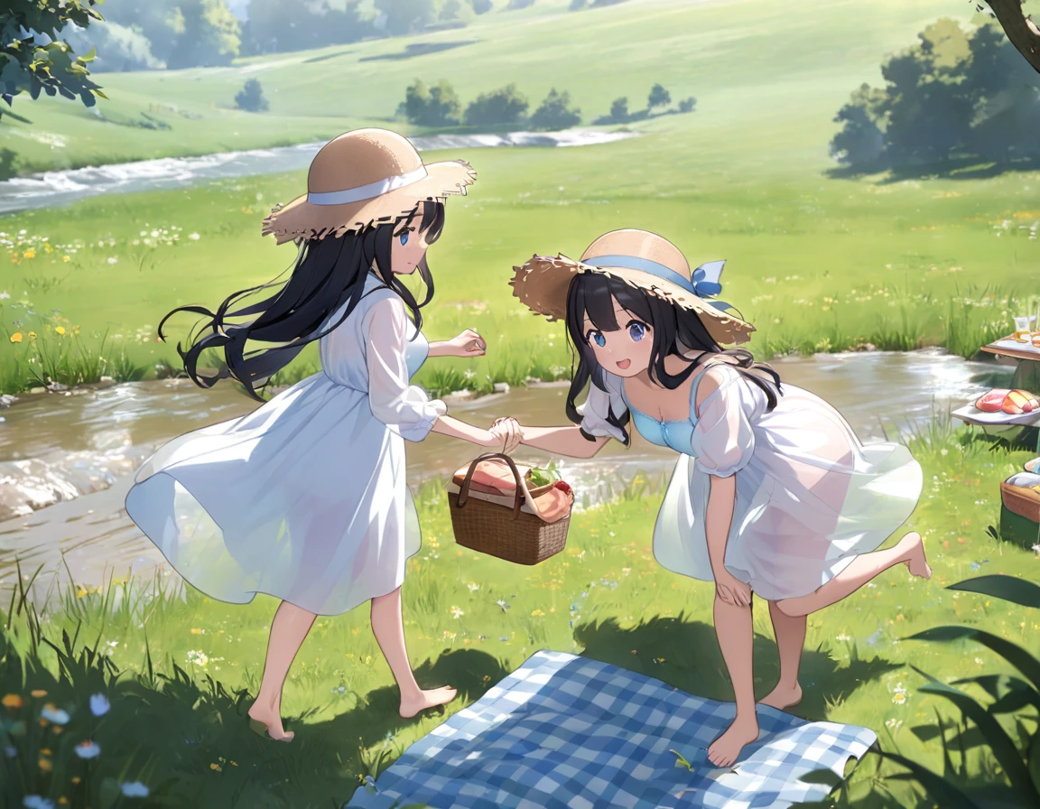 Straw hat、Girl with long black hair、(White dress、See-through bra)、(Underwear peeking out from under the dress、Showing off cute blue underwear)、(barefoot、cute leather shoeoderately large、Standing posture、Sisters holding hands、A meadow with a small stream running through it、picnic