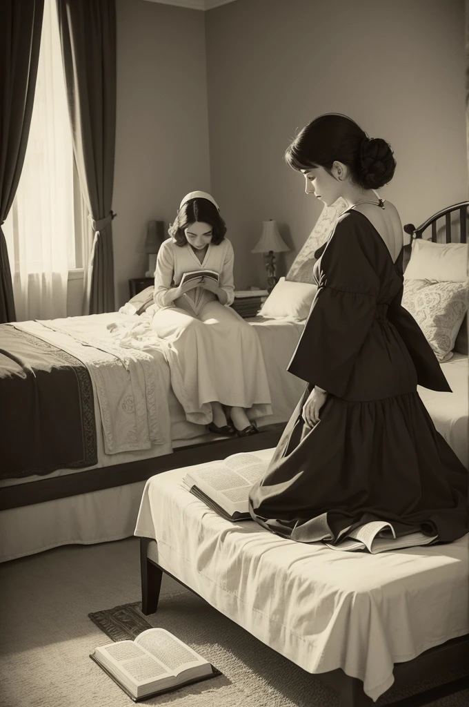 Vintage cartoon-style images of women praying on the edge of a bed with a Bible beside them, They are dressed in decent clothes, the background is a beautiful room that conveys peace 