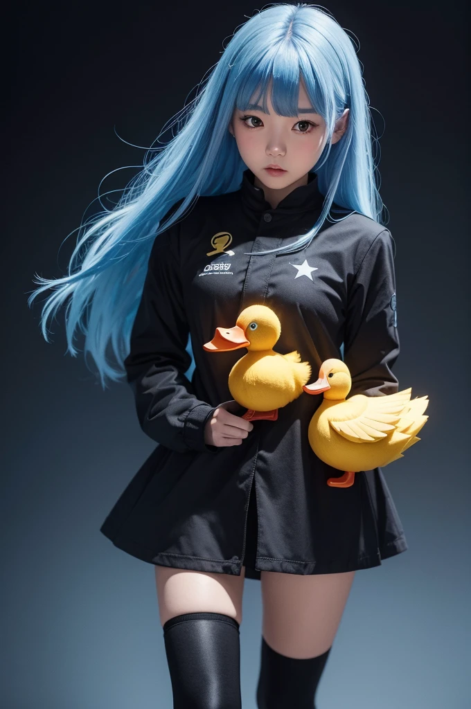I want you to make a free fire doll with a duck outfit and one with bluish hair on a black background with a star