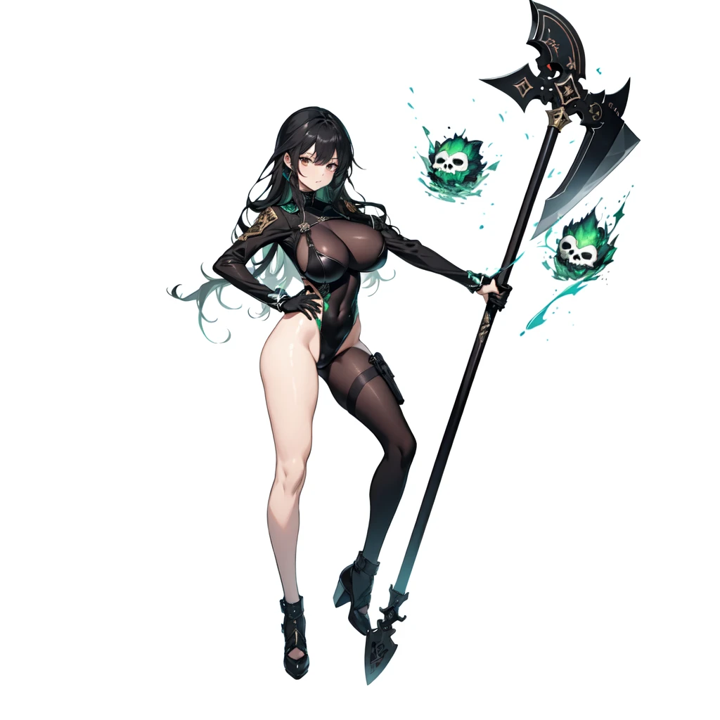 masterpiece,best quality,1girl,right hand in waist,azur lane al azuma,\(herrscher of finality\),solo,full body,pale skin,black hair,full body,full body black swinsuit,+ +,tight black collant,(((big breasts))),closed mouth,((serious expression)),bronze high heels, (((holding a great black axe))), three floating black skulls engulfed in green fire, ((fantasy character)), anime character sheet