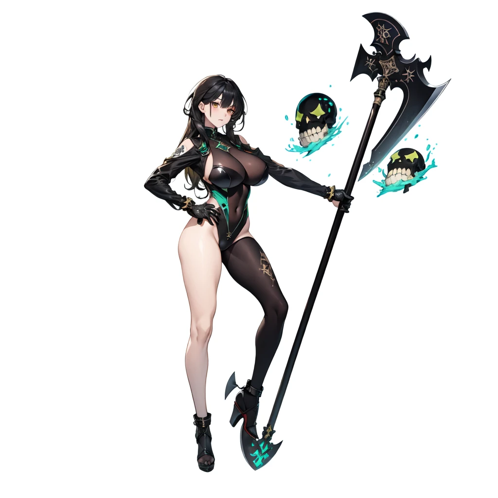 masterpiece,best quality,1girl,right hand in waist,azur lane al azuma,\(herrscher of finality\),solo,full body,pale skin,black hair,full body,full body black swinsuit,+ +,tight black collant,(((big breasts))),closed mouth,((serious expression)),bronze high heels, (((holding a great black axe))), three floating black skulls engulfed in green fire, ((fantasy character)), anime character sheet