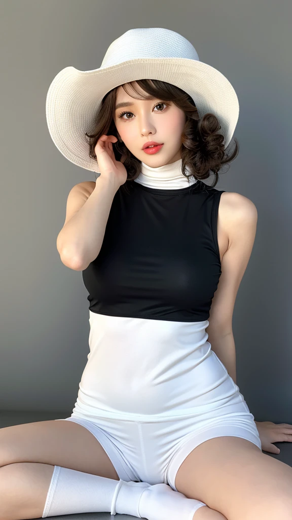 vivid,White floppy hat,Larger breasts,((between legs)),cute,(Detailed face),cloth,Sharp Eyes,Turtleneck sleeveless lightweight(White plastic)Clothes,Ultra-high resolution,(Photorealistic:1.7),Long, curly black hair,Gray background,