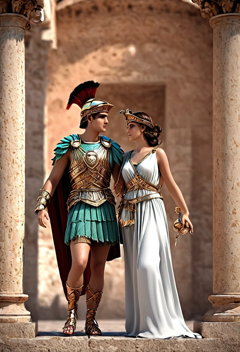SeaArt Bot Txt2Img SDXL 20:30:47 I want to show a 8K image of a 79 AD period Flavian period young beautiful very exotic Latin Mediterranean Italian Roman woman in feminine traditional Roman attire and aith a young Roman soldier in full Roman military attire and gearMasterpiece,quality,4k,Show a young 20 something couples in ancient Italy Latin Rome Italy males and females in detail,Bokeh/ with pastel shades tones colors ancient greek patterns designs Latin Roman Italy