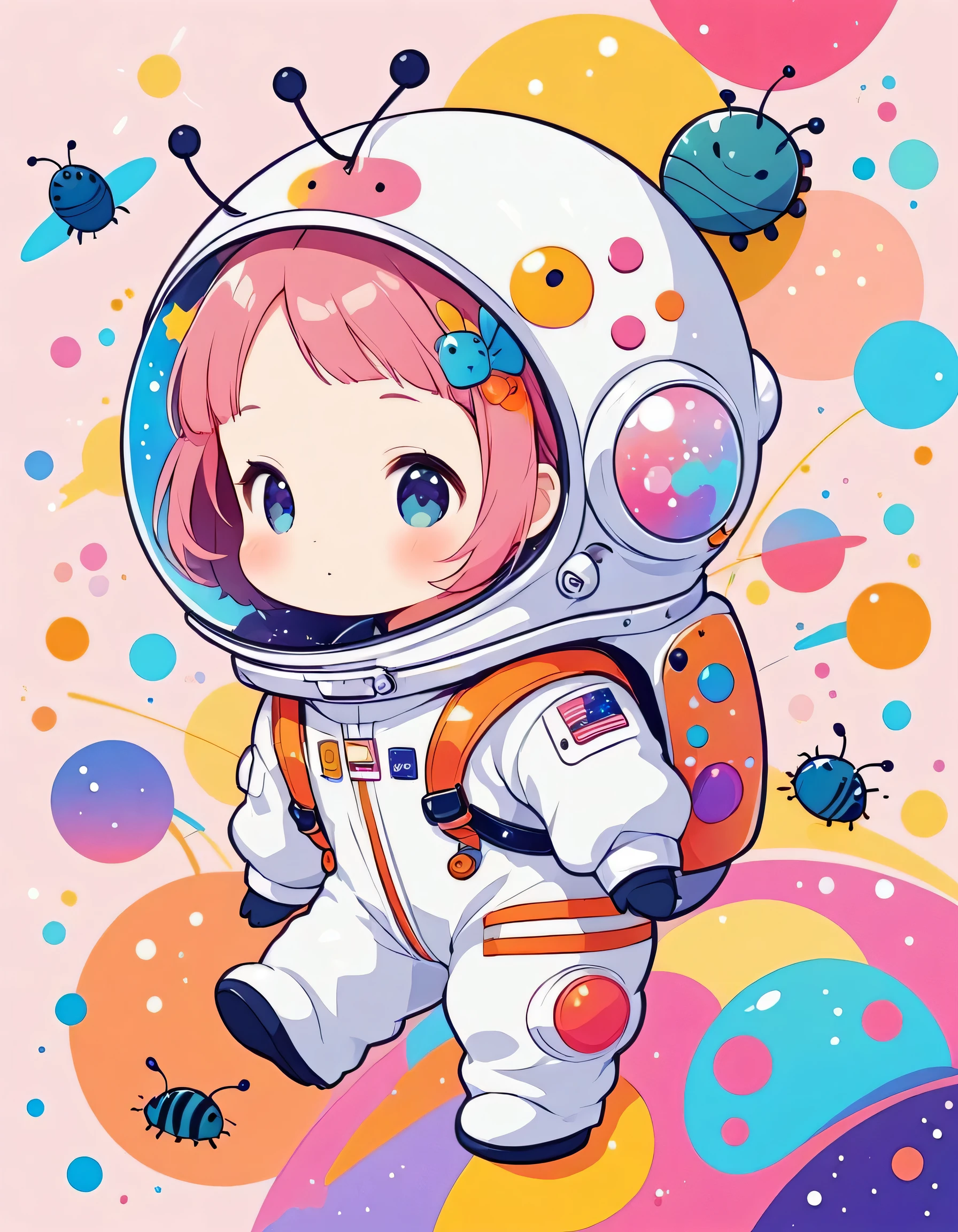 Momoko Sakura colorfull style, Simple Line Initialism,Abstract art, kawaii design, (((Dream World))), Spacesuit, (((Cute pillbug))), The background is space