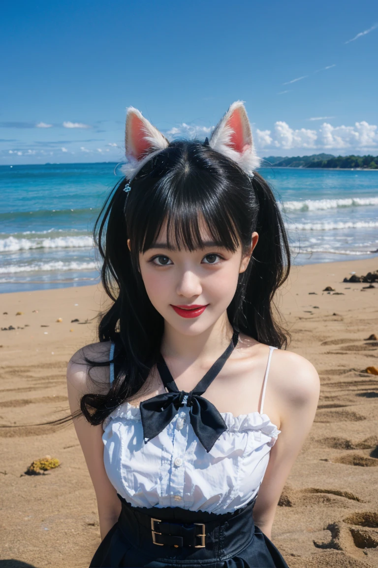 best quality, tmasterpiece,Ultra-high resolution,Clear face,(Reality:1.4),ferpect lighting,(full body), (photorealistic:1.50), anime wallpaper, Guviz style artwork, cover-up fantasy up to magic , by Yang J, Guviz, beautiful artwork illustration, beautiful digital artwork, beautiful digital illustration, Li Song, beautiful anime portrait, art style in Beauvot,1girl, 独奏, bangs, long hair,twintails, hair ribbon, jirai kei attire, jirai kei, black thighhighs, high heels, jewelry, collarbone, earrings,smile, necklace, (standing), (big breasts:1.3), (shagging breasts) Naughty, (From the front:1.3), On the beach, Beach sand, waves, (Beach:1.5),basking under the sun, sharp baby face, cute, Small face, Small mouth, small lips, (Animal ears:1.3)