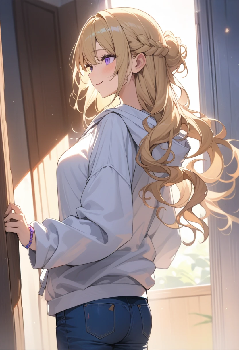 masterpiece, best quality, extremely detailed, ultra detailed, flat anime, 2D,
1girl, (young adult:1.2),blonde hair, (semi-long hair:1.2), curly hair, french braid, medium breasts, purple eyes, tsurime, height 1.7meters,
white hooded sweatshirt, jeans,bracelet, long sleeves,socks,
smile,It's peeking out from behind the wall to the side.,
upper body,from behind, (dynamic:1.2),looking away,looking at another,
summer, livingroom, 12AM., standing