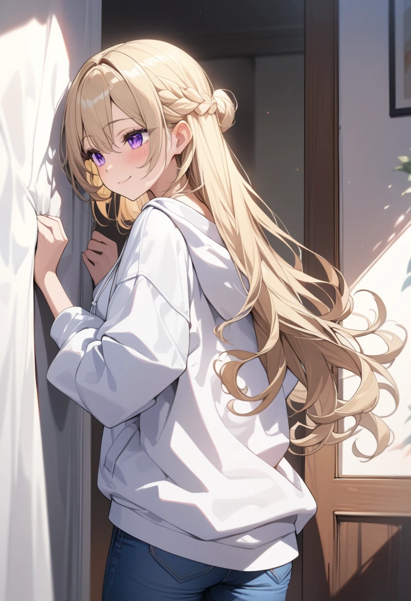 masterpiece, best quality, extremely detailed, ultra detailed, flat anime, 2D,
1girl, (young adult:1.2),blonde hair, (semi-long hair:1.2), curly hair, french braid, medium breasts, purple eyes, tsurime, height 1.7meters, 
white hooded sweatshirt, jeans,bracelet, long sleeves,socks,
smile,It's peeking out from behind the wall to the side.,
upper body,from behind, (dynamic:1.2),looking away,looking at another,
summer, livingroom, 12AM., standing