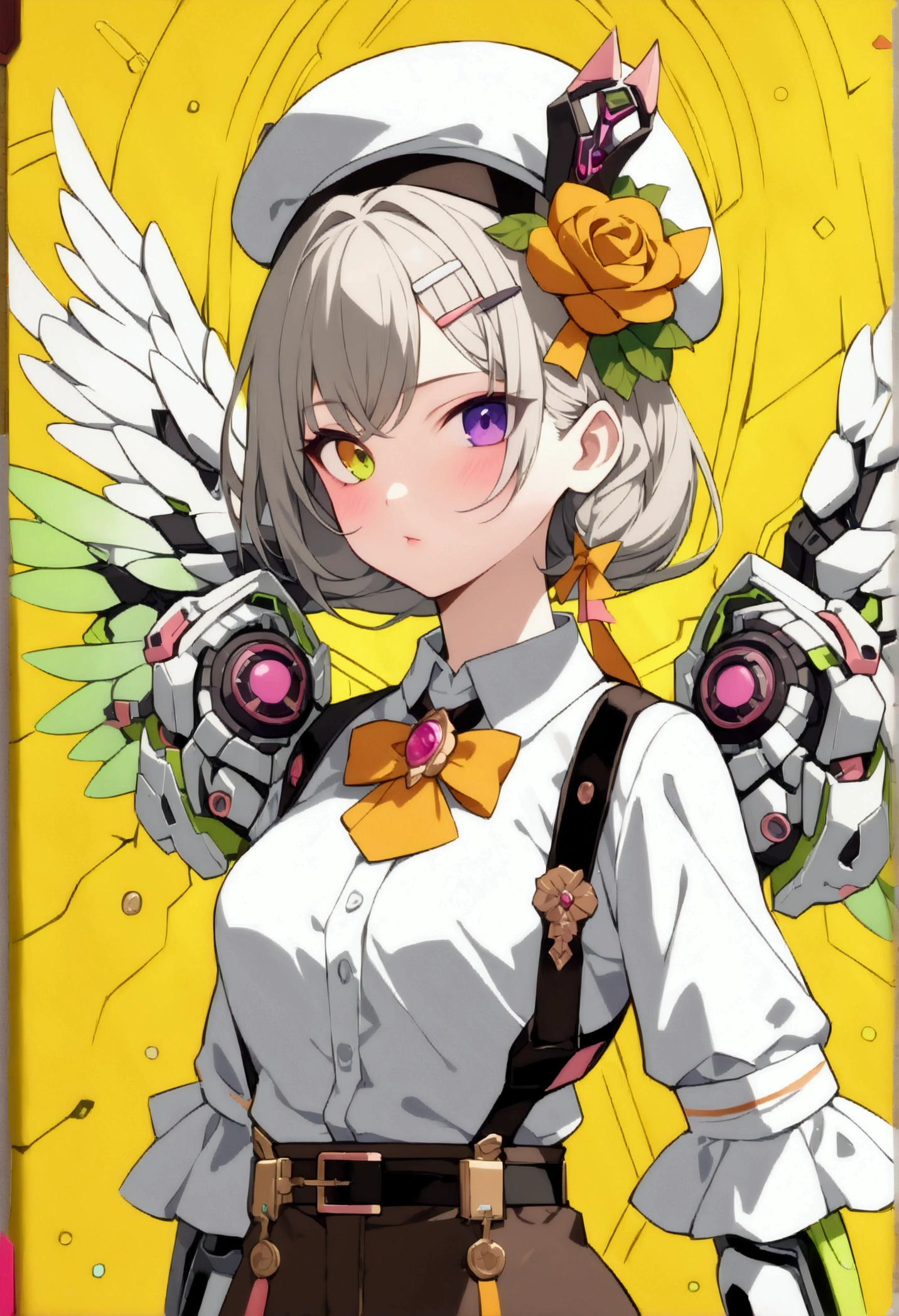 woman 165cm tall, slim build, , charming look, ((heterocromia: look like, right naranja y look like izquierdo violeta)), (Shoulder Length Wavy Gray Hair, a short braid on the left side of the hair, big open bangs, golden gear hairpin on the left side of the hair), (((complex mechanical legs up to the hip, The legs are black with gray parts with small pink details))), (((complex mechanical arms up to the elbows, The arms are black with gray parts with small pink details))), ((complex white mechanical angel wings with pastel green parts)), (elegant black French beret with an orange rose ribbon), (stylish white short sleeve button down shirt, dark brown shorts from the waist, elegant black belt, small rose brooch on shirt collar, beautiful mechanical stilettos), (((character design sheet: Front view))), ((Pastel yellow background)), extremely detailed beautiful hair, beautiful detailed clothing, extremely detailed arms, extremely detailed face, (Extremely detailed hands), perfect hands, small face, hermosos look likes detallados, beautiful detailed lips, adorable, extremely detailed legs, (Best Quality, 8k, ultra resolution), ultra detailed, Exquisite and epic character art, (Focus on symmetry), (extremely detailed wings), (body position: standing, right, symmetrical), looking at the viewer, (whole body 1.5).