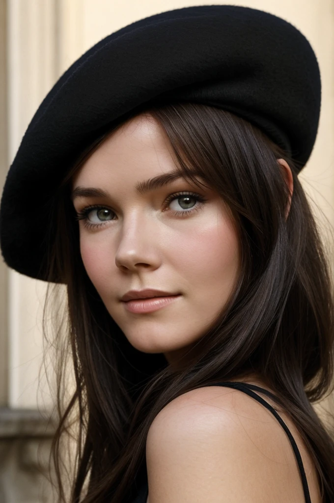 Portrait of a face of a beautiful 18-year-old brunette girl identical to Diana Rigg with a black beret on her head 