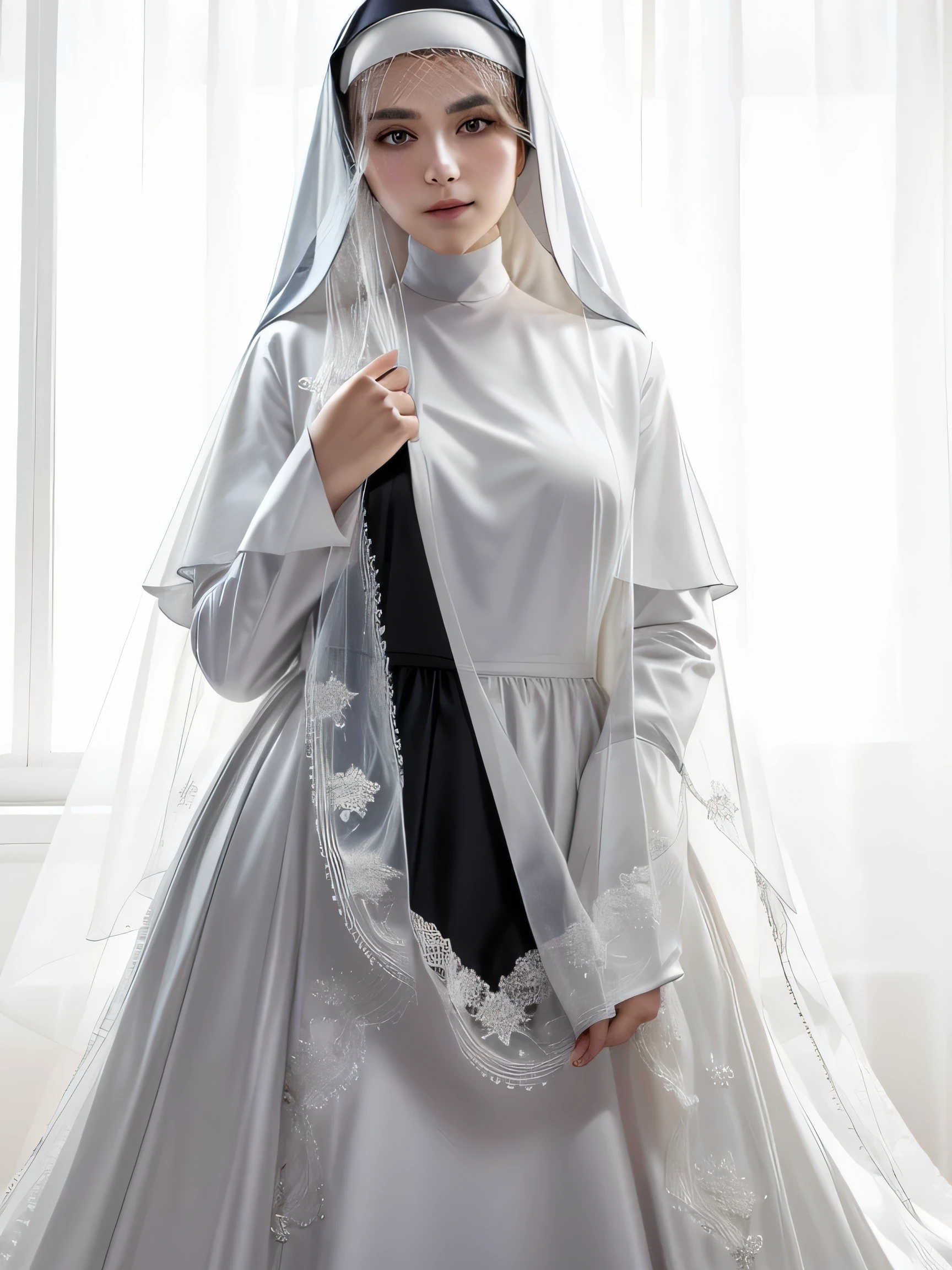 There is a woman in a veil and delicate nun&#39;s dress posing for a photo, jia, from my part, delicate nun clothing and veil, long dress, detailed image, Shin Min Jeong, Gongbi, crystal, Seseon Yoon, Seifuku, wearing a nun&#39;s outfit, wearing a veil and long hair , nun clothes, 2b, 2 second, lee ji-eun, wonyoung, beautiful long hair woman, glasses and nun outfit with veil