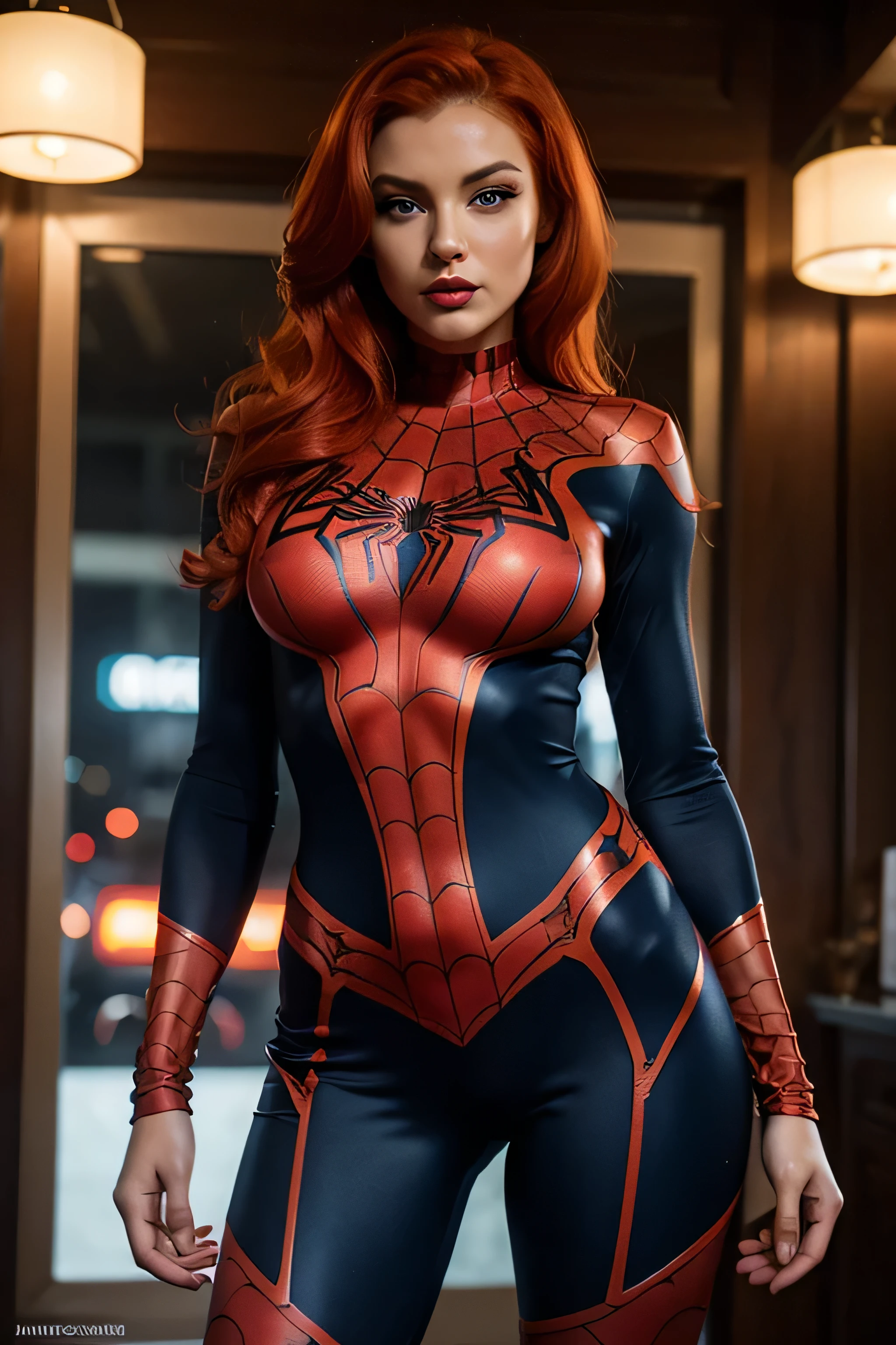 orange-haired, perfect body, Rebecca, cherry red lipstick, k, makeup, full body, top-quality, hightquality, Extreme Detail Photography, Eye for extreme detail, masterpiece, 16k, 8k, 4K, HD, UHD, full body view,spiderman costume, spiderwomen suit Brunette Blue Eyes Rebecca