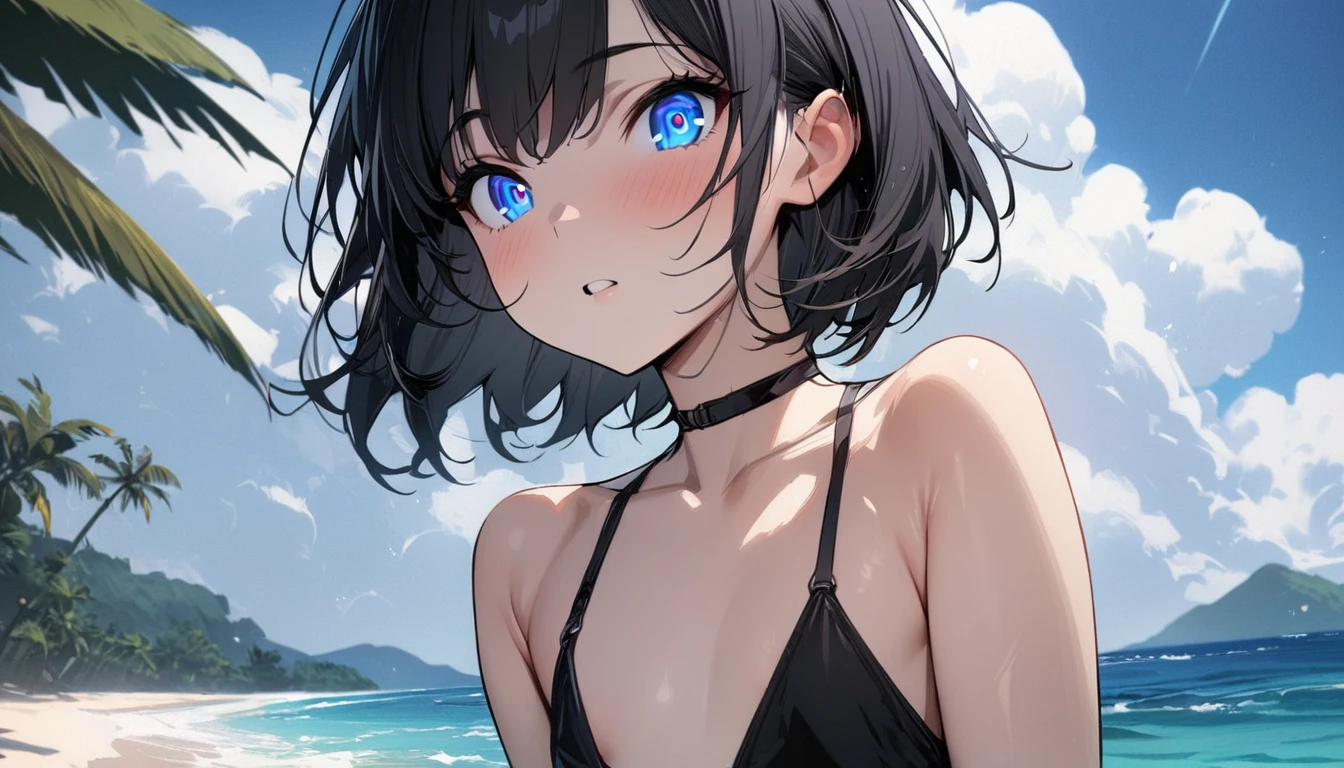 1girl, solo, blue eyes, (detailed eyes),  flat chest, short hair, black hair, (masterpiece),(masterpiece), (masterpiece, Highest quality:1.2), 1 Girl, alone,Eyes open,Are you having fun,Tropical atmosphere,Ocean,focusing