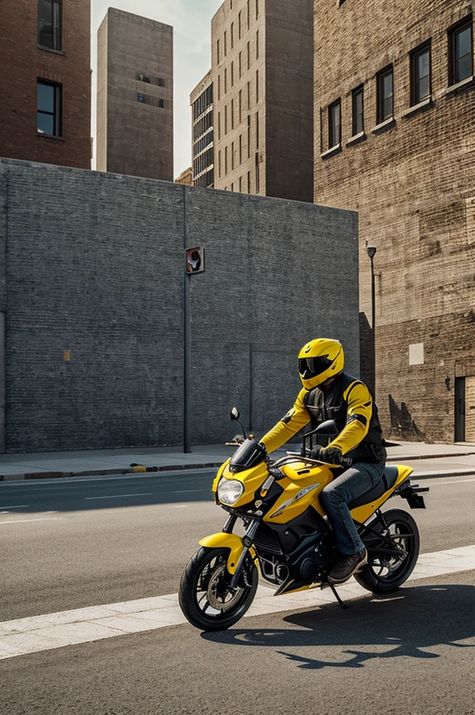 Create a first-person image where you are riding a motorcycle in a square with a gray cement brick floor and a yellow sidewalk next to it.