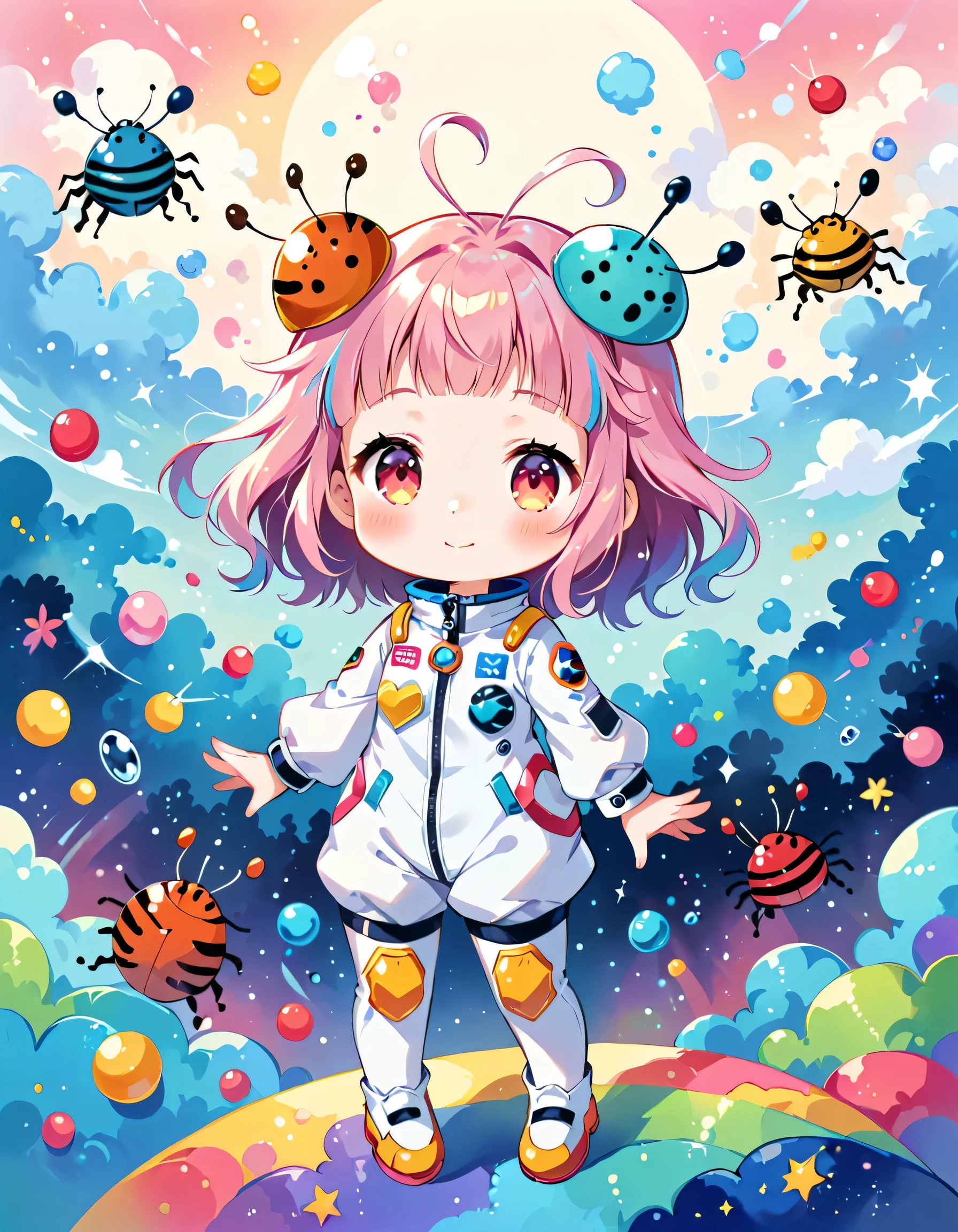 Momoko Sakura colorfull style, Simple Line Initialism，Abstract art, kawaii design, (((Dream World))), Spacesuit, (((Cute pillbug))), The background is space