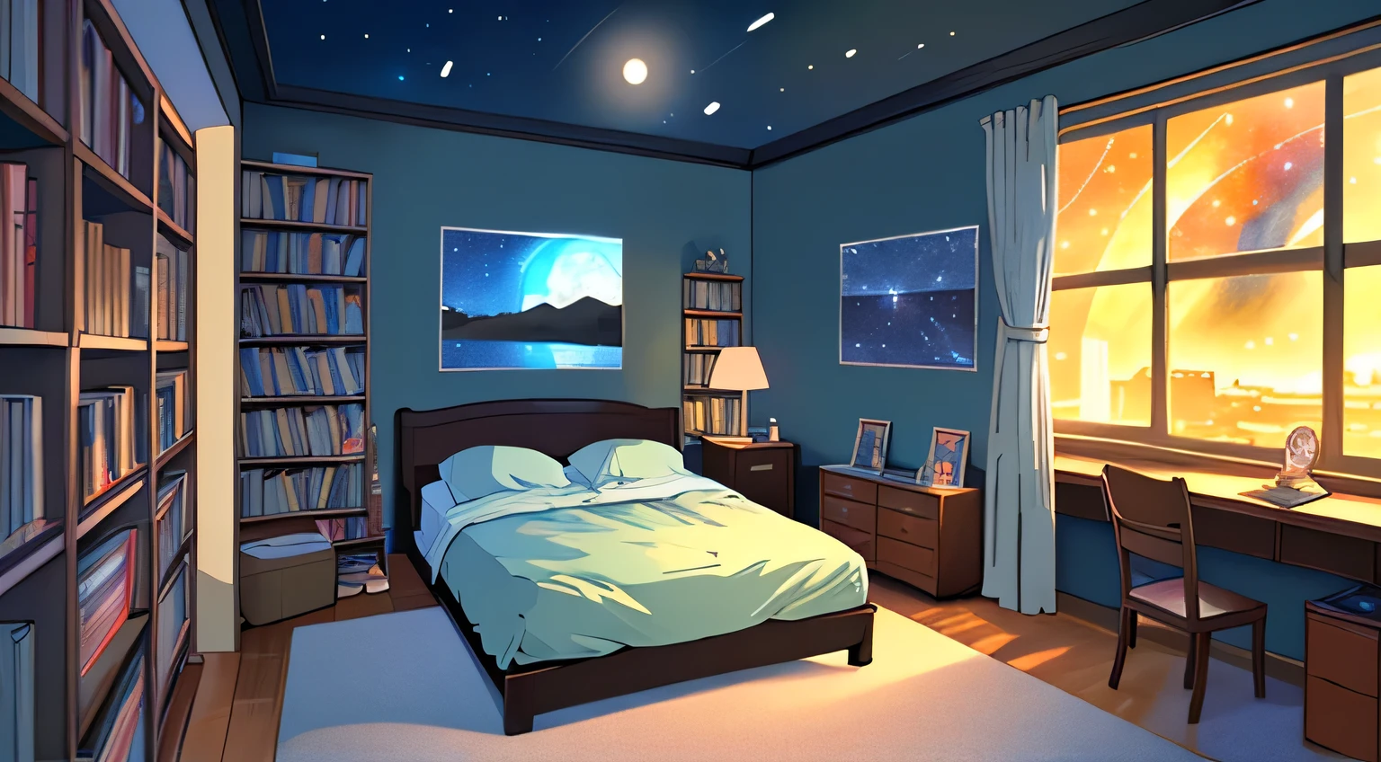 Messy room, Bed in the center of the room, Books on the bookshelf, comfortable, Night view, Starry Sky, moonlight, Large windows, cozy landscape anime style, anime, Ghibli Color, High resolution, high quality, Attention to detail, Super Detail, masterpiece