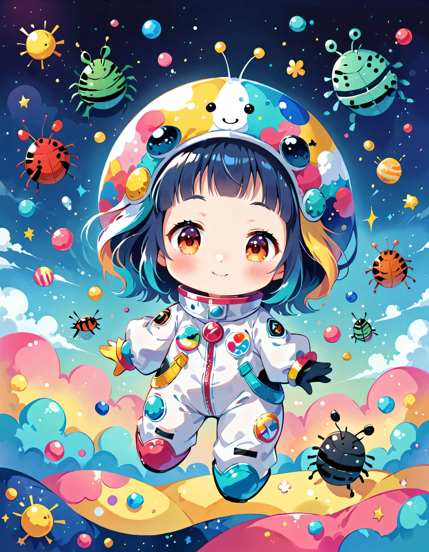 Momoko Sakura colorfull style, Simple Line Initialism，Abstract art, kawaii design, (((Dream World))), Spacesuit, (((Cute pillbug))), The background is space