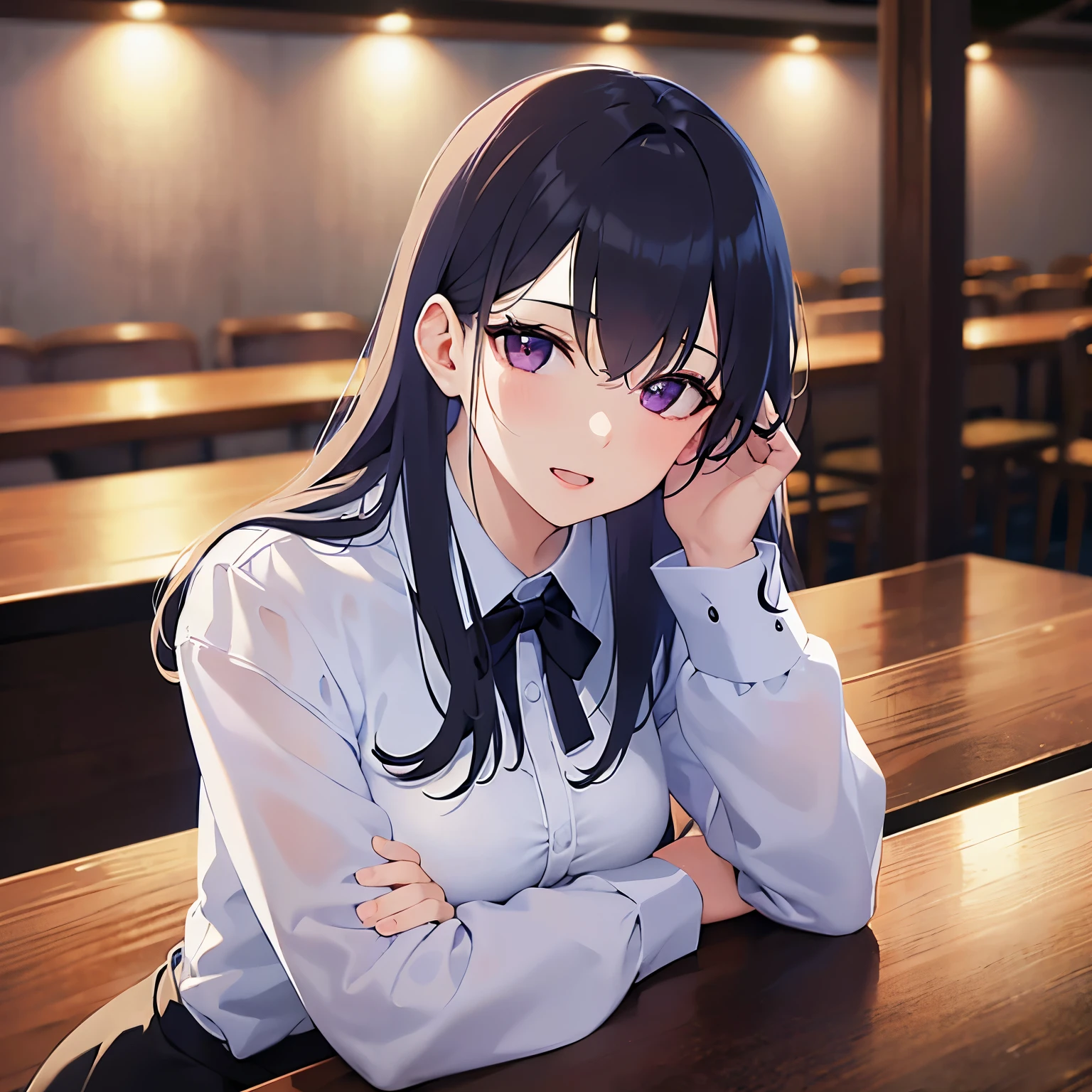 Upper Body, Realistic, real person, (pale skin: 1.2), RAW photo, photorealistic, shiny skin, shiny hair、(A 25-year-old woman with straight hair and bangs) and (medium hair) and (black hair) and (purple eyes) , (white collared shirt)、Sad smile, open mouth, The background is the interior of a restaurant at night.、Alone、Sitting