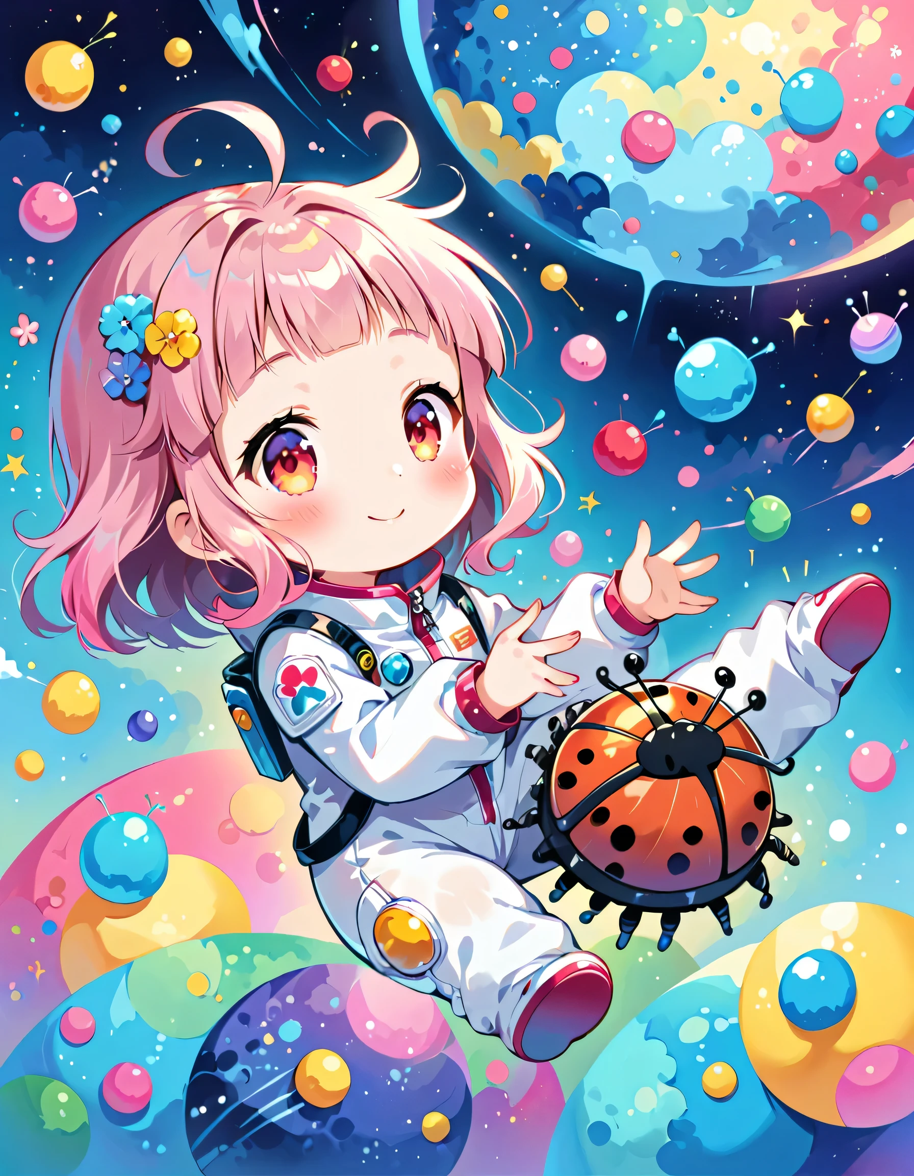 Momoko Sakura colorfull style, Simple Line Initialism，Abstract art, kawaii design, (((Dream World))), Spacesuit, (((Cute pillbug))), The background is space