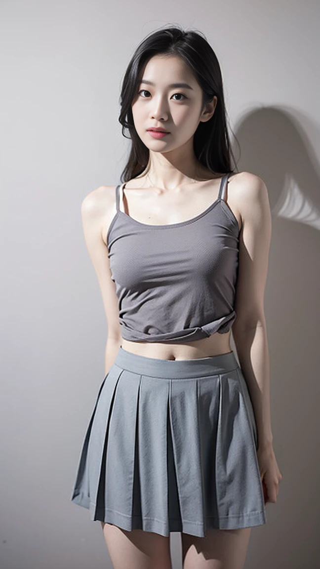 (tight top:1.5),Asian woman in grey top and skirt posing for photo, photography:Jakob Gauermann, tumblr, reproduction, wear a skirt, Gray skirt, 透明Gray skirt, wear a skirt, pleated mini skirt, mini skirt, wearing a tanktop and skirt, mini skirt, Wide skirt, Pleated Skirt, Short skirt