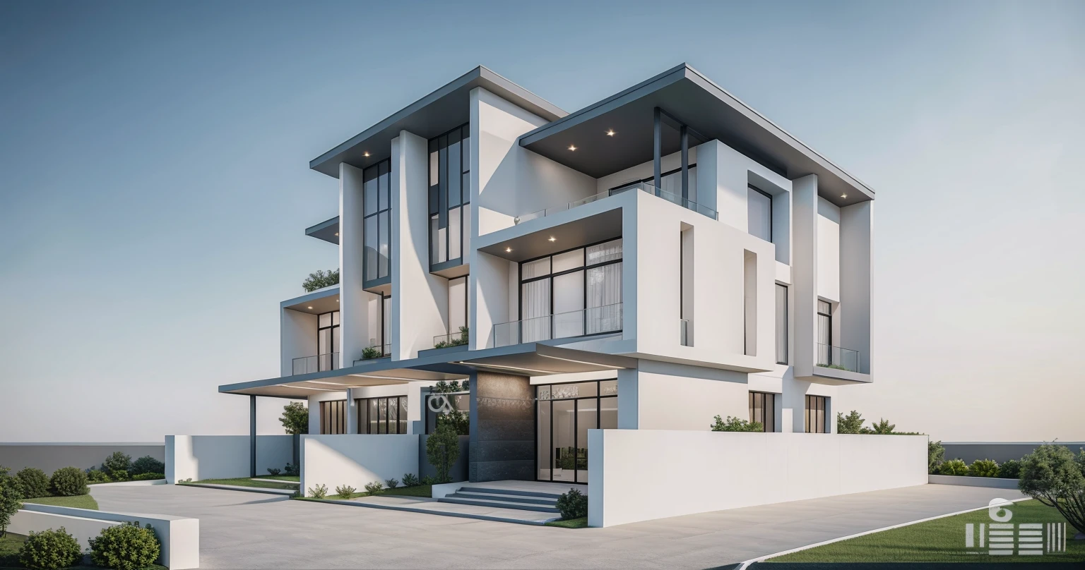 facade of duplex villa, beautiful facade, villa modern, Realistic, exterior, sunlight, sharp image, best quality,