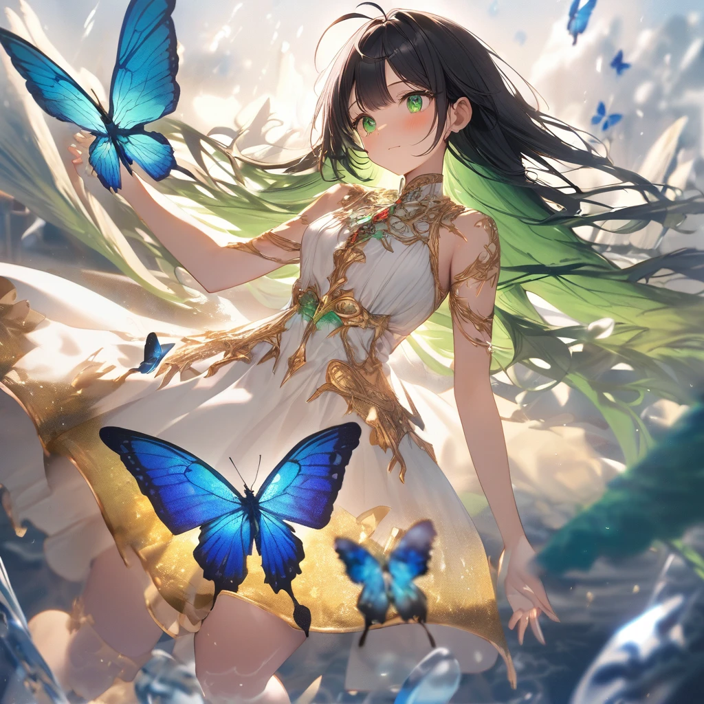 background ipanema_beach, fantasy, A photo of the moment when a pupa changes into a butterfly, a liquid blue_bird, inspired by Victorian_Coalport style and baccarat VITA glass, a raised gold painting The molpho_butterfly, acid gold Strobe ripple effect blur, ice_photography multiple_exposure dynamic shadow, BREAK, (detailed emerald eyes, jet-black hair,colored inner green ombre hair multicolored hair):1.21, antenna hair, (((2 hands, 2 leg, perfect anatomy))), in light_green Fluorite-elements surface white_dress, ultra detailed skin with intricate details and majestic, fine details, BREAK, I don't want to wave my hand right now Gradually, my friends started to grow wings too. I thought to myself, “Please don’t leave me behind.” It sparkled the moment it took off I want to chase those wings, I want to chase them, I want to fly, ethereal lighting,
