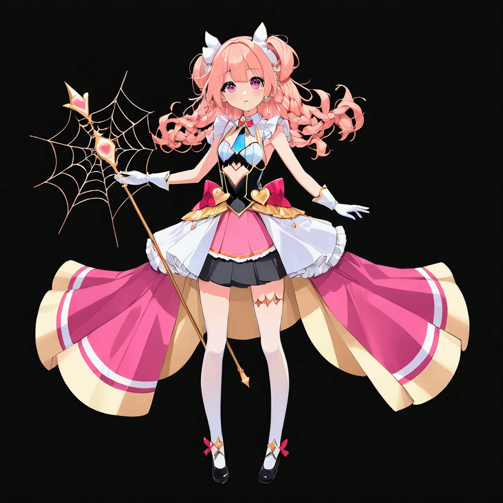 Create an anime-style girl with (((deep magenta eyes and long, wavy pink hair))) ((styled in an elegant frenchbraid)). (((She is slender, and with small breasts))). ((Ensure a full-body shot of her)) wearing a (((pink, gold, and rose gold color magical girl-themed outfit.))) ((The outfit features a spider and spider web theme.)) The overall look is regal and ethereal, with magical glowing effects. cutesexy, purinpuon pixiv, no future, a hyperrealistic , hyperrealistic , realistic , seductive (anime girl), smooth anime cg art, beautiful alluring anime teen, (purinpuon pixiv), ((magical girl)), (masterpiece), best quality, expressive eyes, perfect face ((Highest quality))、((8K))、(((8k wallpaper))) ((Full Body Shot: 1.5))、ultra detailed, masterpiece, best quality, solo ((purinpuon pixiv, no future)) (((purinpuon pixiv, no future)))