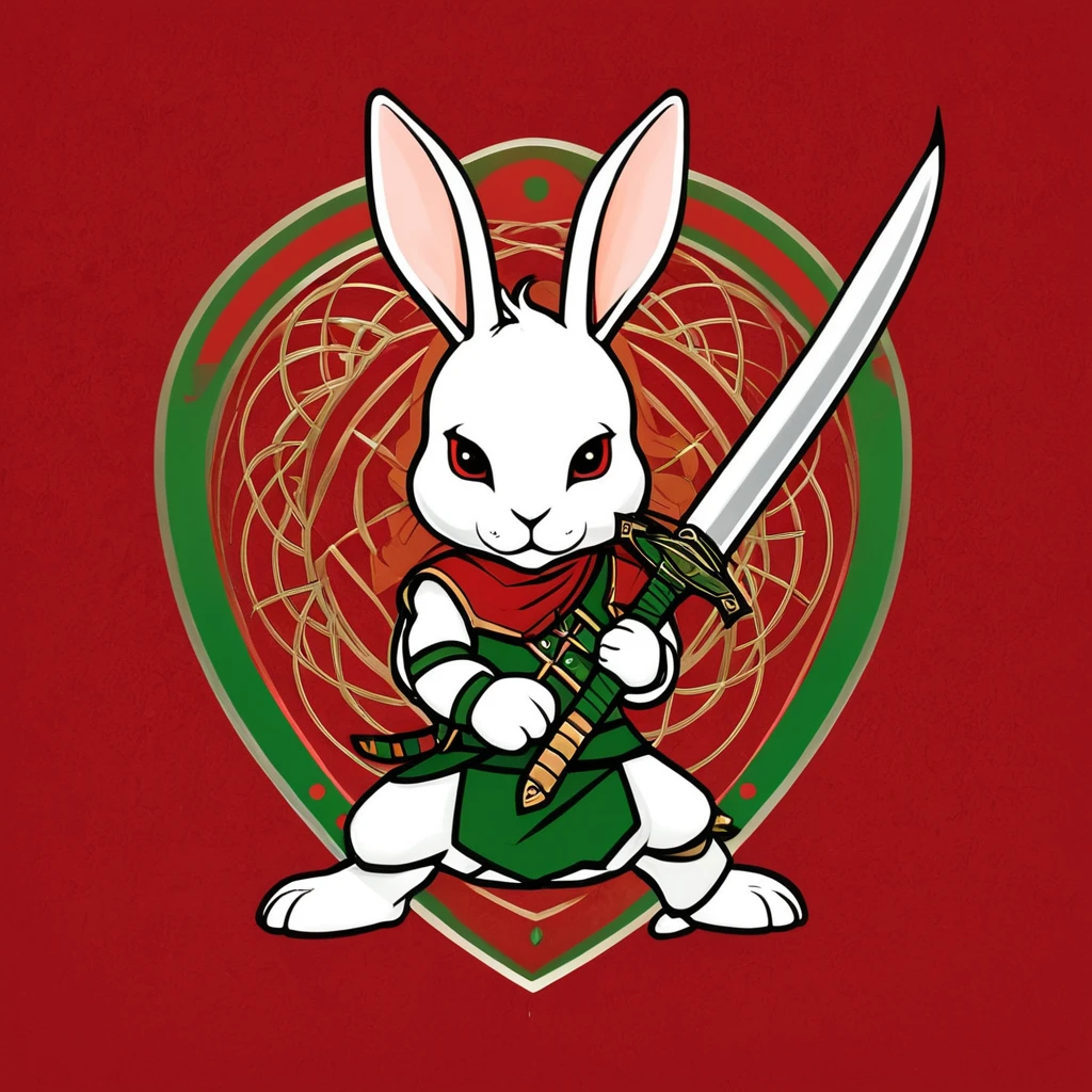 「strength『Scorpio Rabbit』のstrength章を作成してください。strength章には以下の要素が含まれることを希望します: - A rabbit base with a touch of scorpion element - (Cute deformed design:1.6) - Incorporating some elements of crossed swords and shields - Simple design - Red and green tones in the background symbolize determination and unity in the fight」